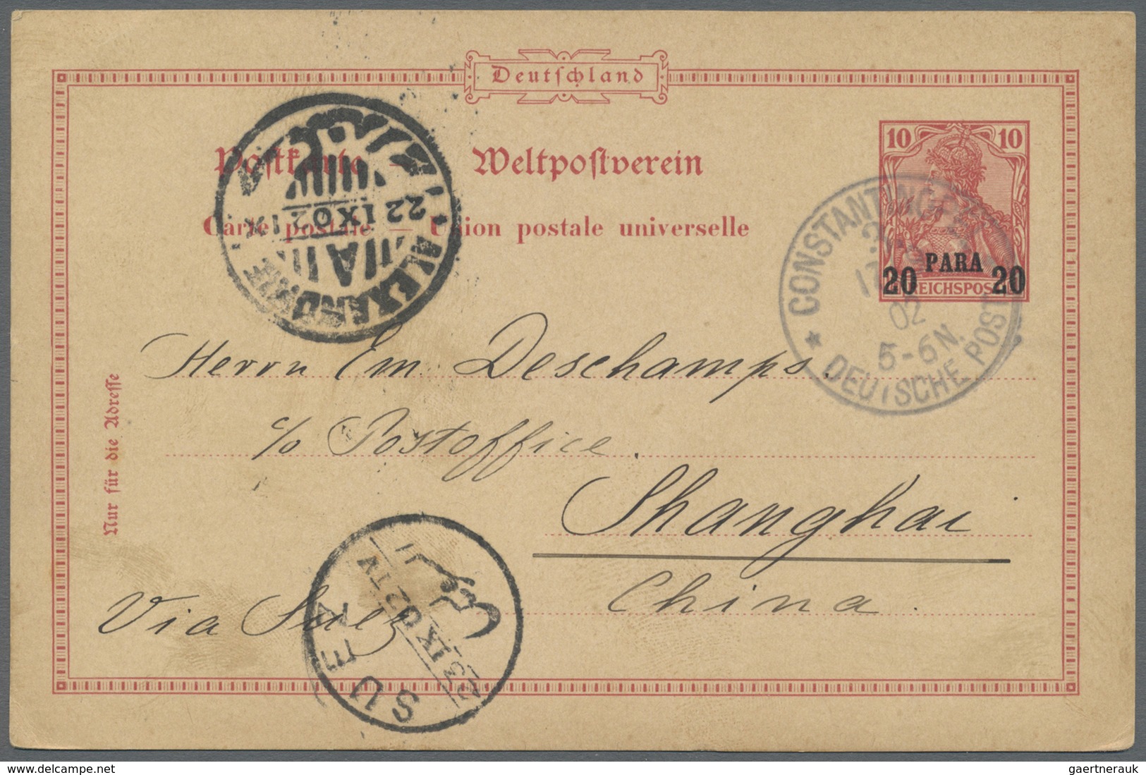 GA Deutsche Post In Der Türkei - Ganzsachen: 1902. Ganzsachenkarte 20 Para Uf 10 Pf. Germania Rot Von « - Deutsche Post In Der Türkei