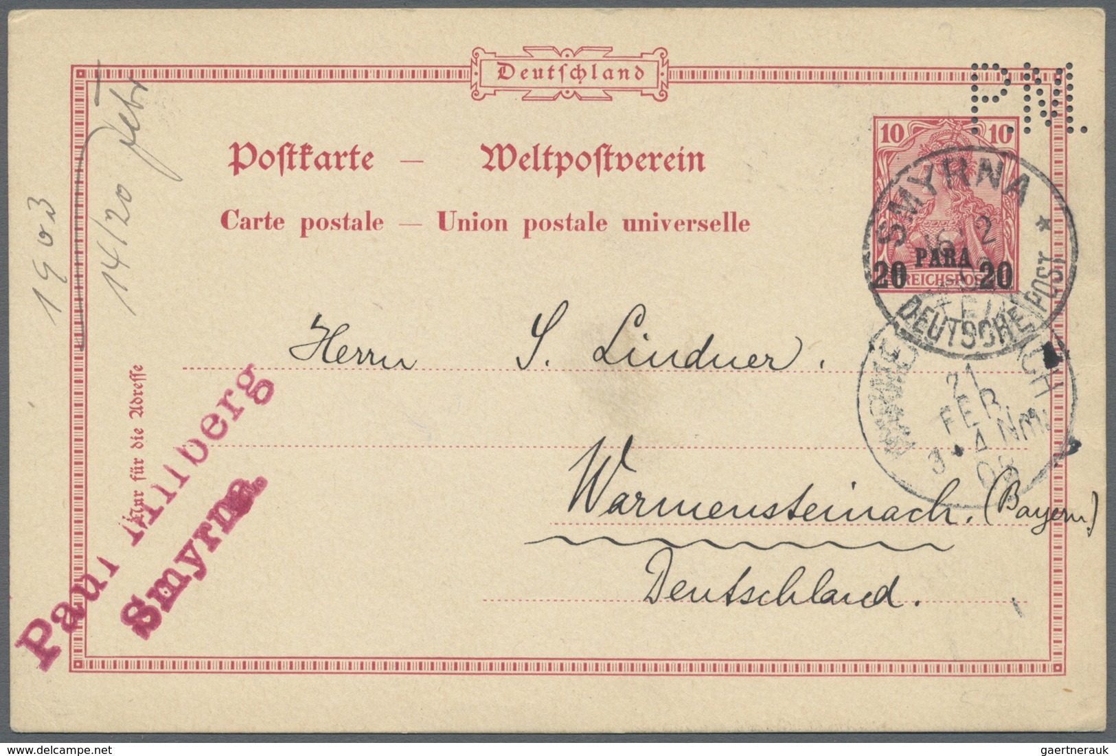 GA Deutsche Post In Der Türkei - Ganzsachen: 1903, Postkarte 20 Para Von Smyrna Nach Warmensteinach (vs - Turchia (uffici)