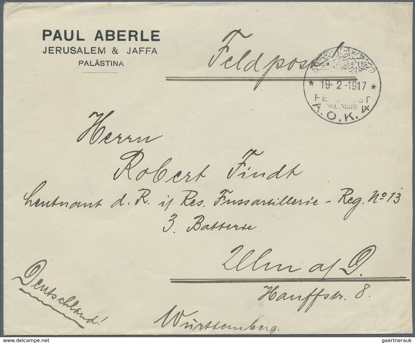 Br Deutsche Post In Der Türkei - Stempel: 1917 (19/2), "FELDPOST MIL. MISS. A.O.K. 4" Klarer Abschlag A - Deutsche Post In Der Türkei