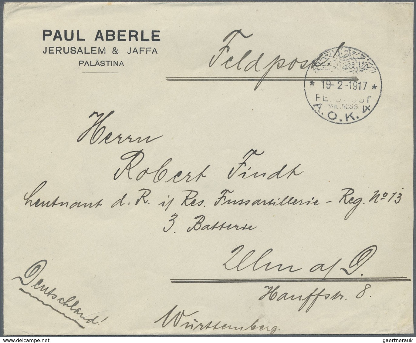 Br Deutsche Post In Der Türkei - Stempel: 1917 (19/2), "FELDPOST MIL. MISS. A.O.K. 4" Klarer Abschlag A - Turquie (bureaux)