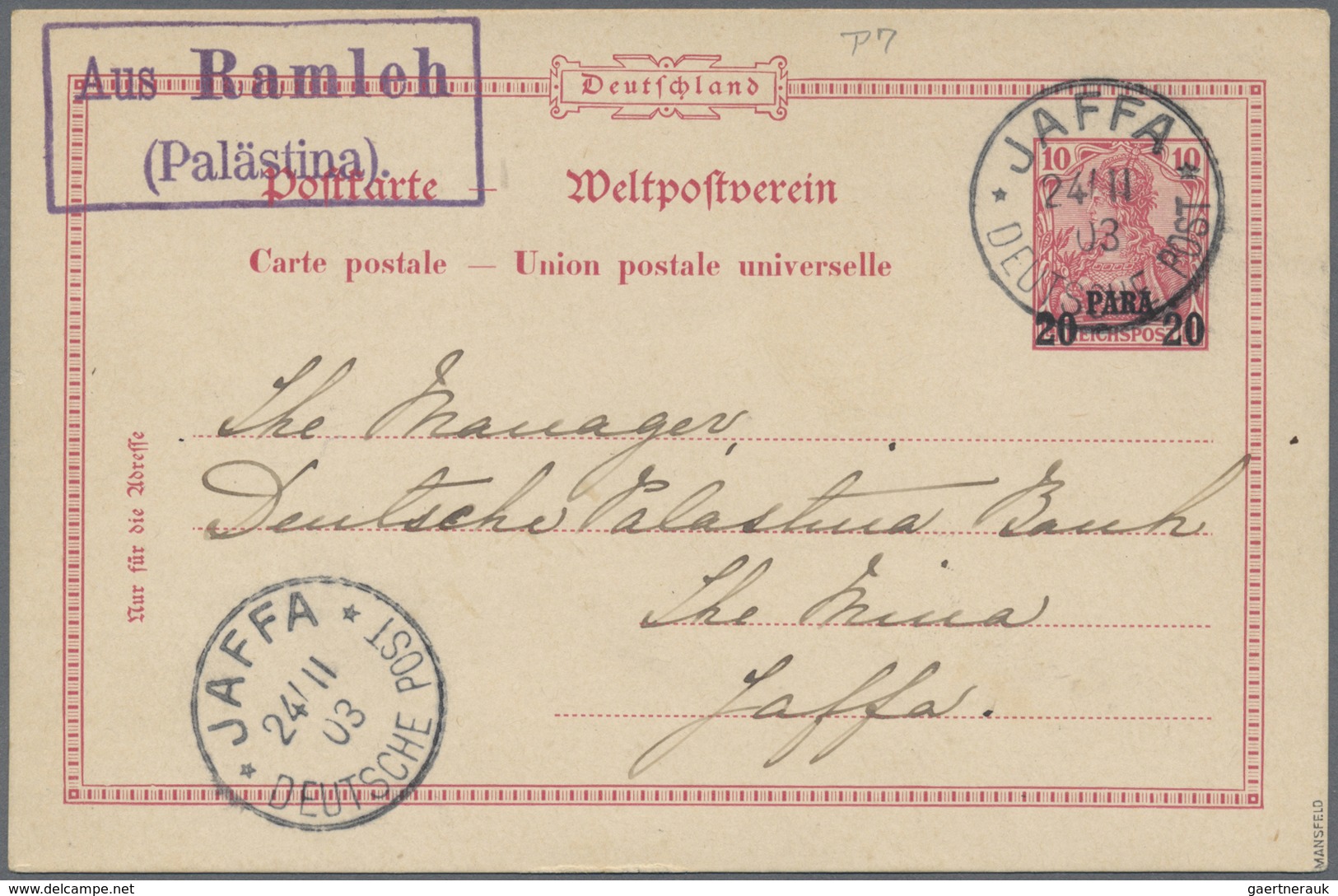 GA Deutsche Post In Der Türkei - Stempel: "Aus Ramleh/Palästina" Luxusabschlag Des Nebenstempels Vom 24 - Turquie (bureaux)