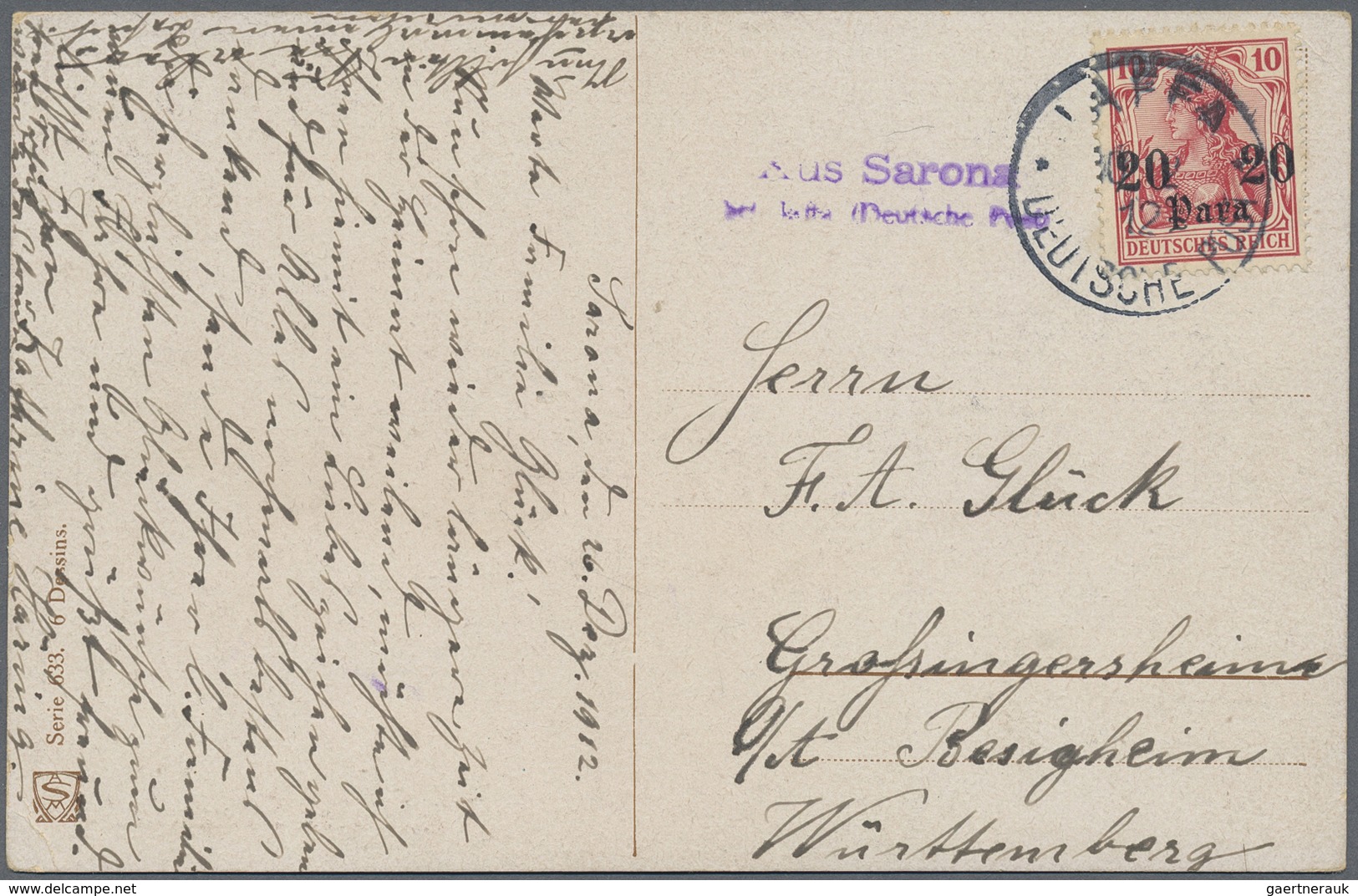 Br Deutsche Post In Der Türkei - Stempel: 1912, Violetter Nebenstempel "Aus Sarona / Bei Jaffa (Deutsch - Turchia (uffici)