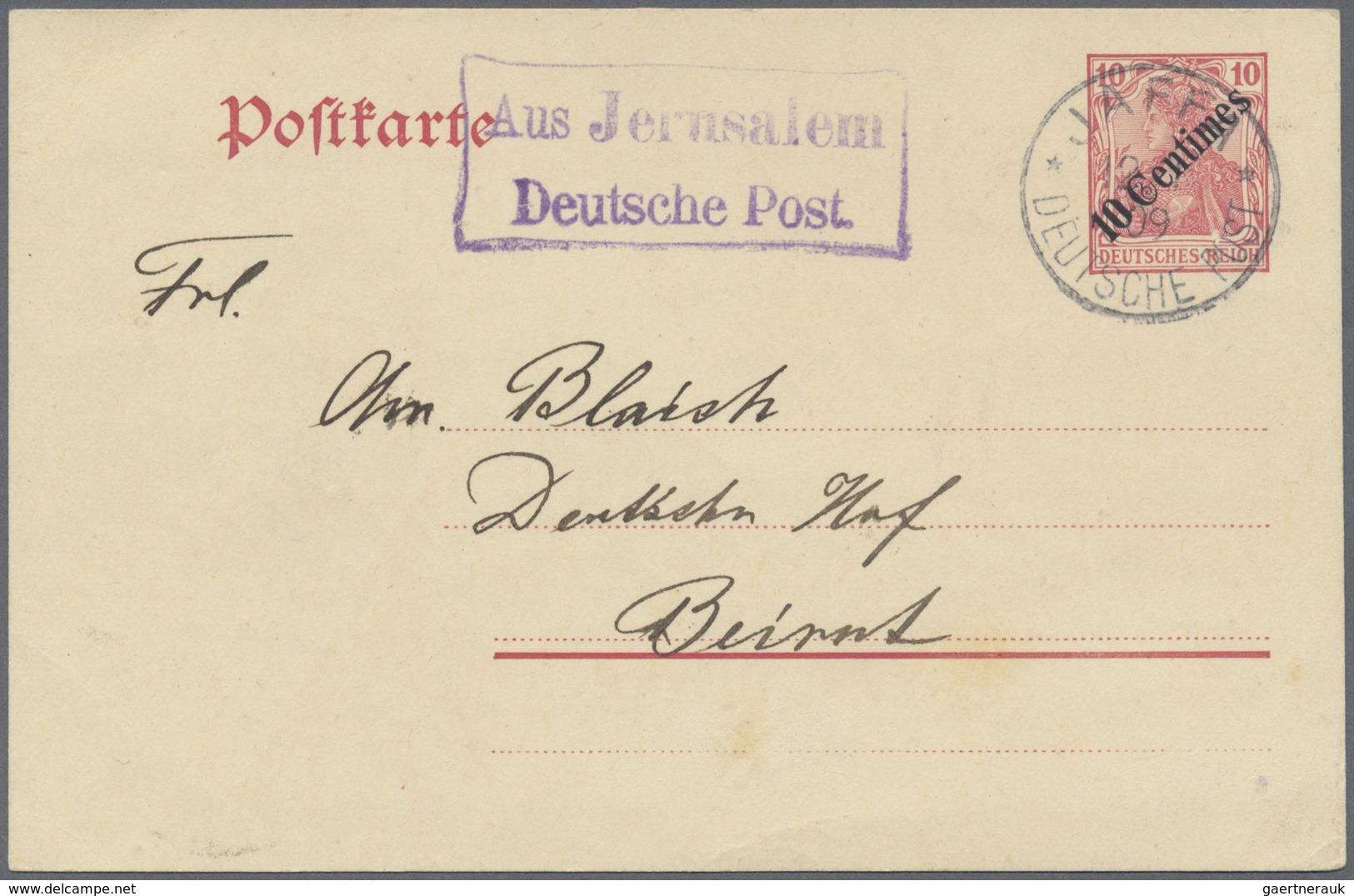 GA Deutsche Post In Der Türkei - Stempel: "Aus Jerusalem/Deutsche Post.", Nebenstempel Vom 12.1.1909 In - Turquie (bureaux)