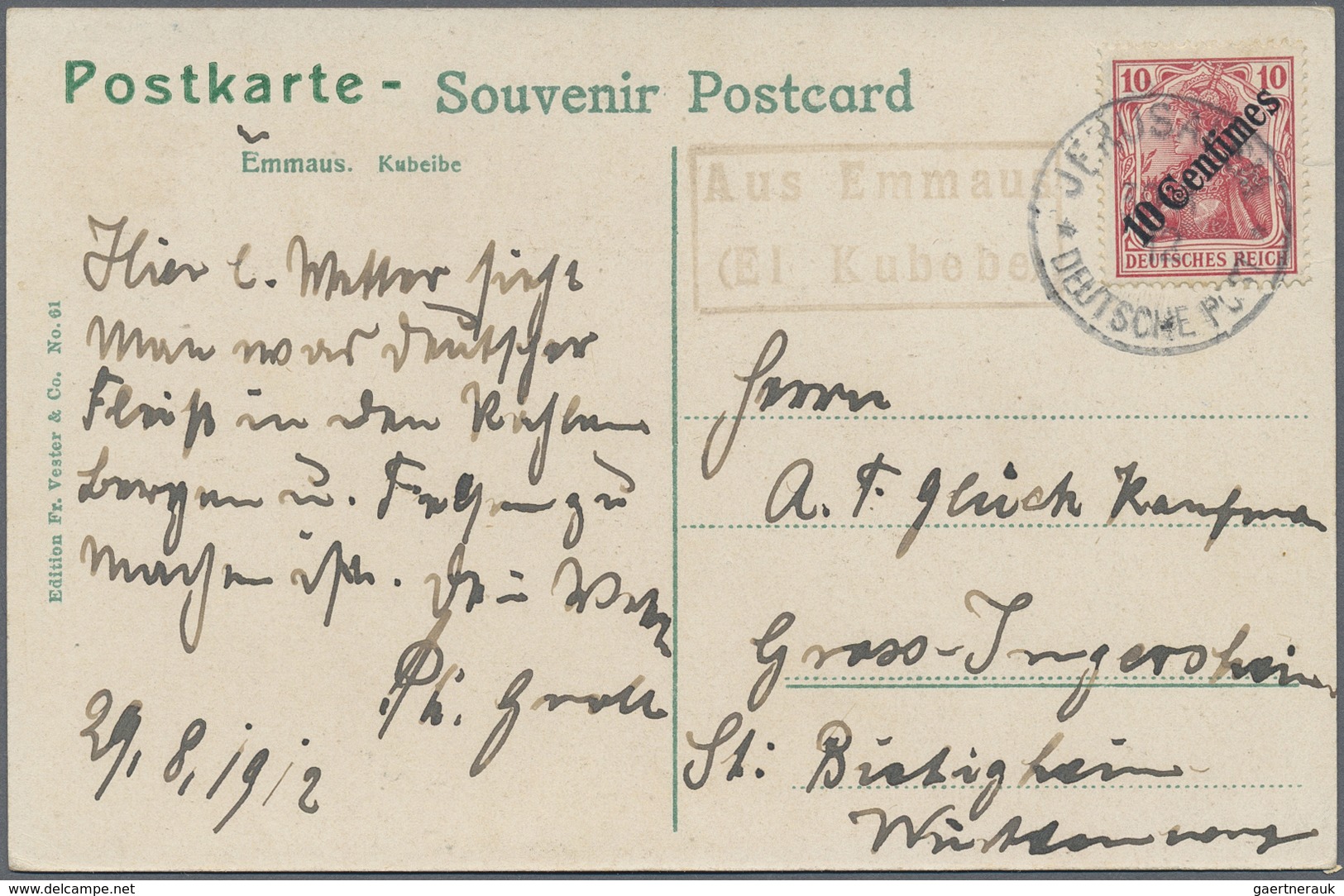 Br Deutsche Post In Der Türkei - Stempel: 1912, Rotvioletter Nebenstempel (RA) "Aus Emmaus/(EI Kubebe)" - Turchia (uffici)