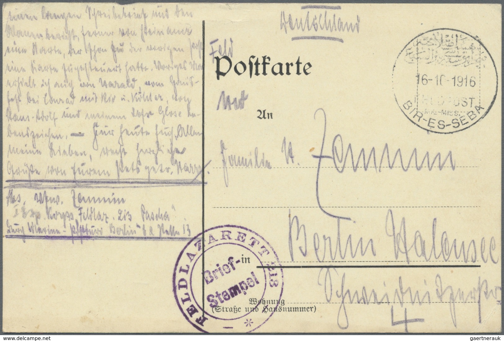 Br Deutsche Post In Der Türkei - Stempel: "FELDPOST MIL. MISS. BIR.-ES-SEBA" Auf FP-Karte Vom 16.10.191 - Turquie (bureaux)