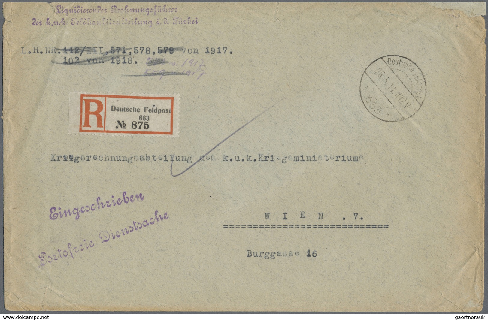 Br Deutsche Post In Der Türkei - Stempel: 1918, Eingeschriebene "portofreie Dienstsache" Mit Nummern-Ta - Deutsche Post In Der Türkei