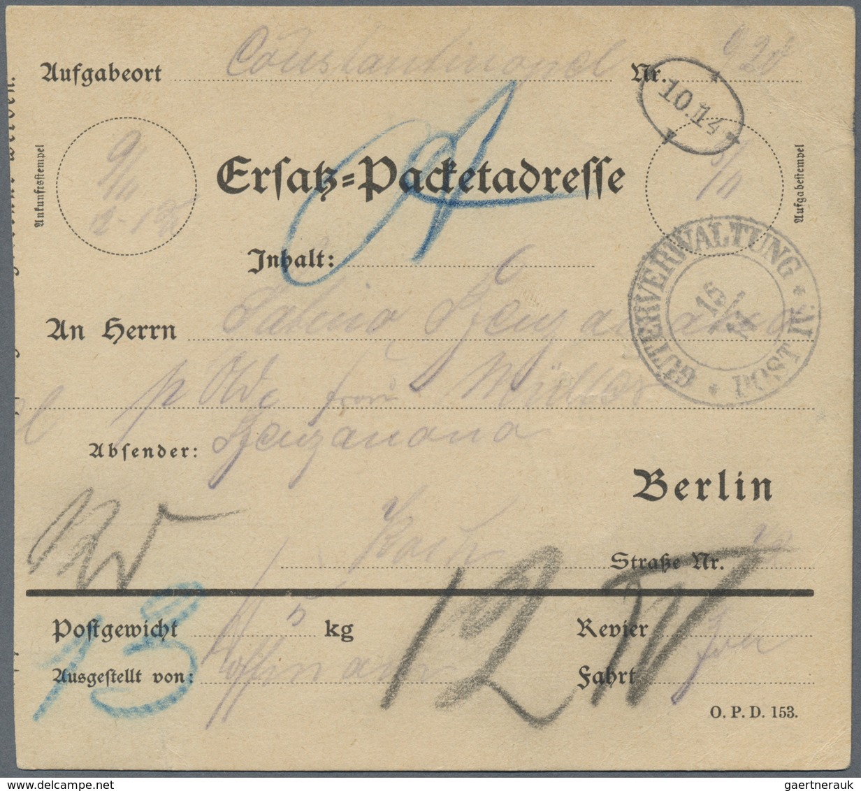 Br Deutsche Post In Der Türkei - Besonderheiten: 1900 Sehr Seltene Ersatzpaketadresse Für Ein Paket Aus - Turchia (uffici)