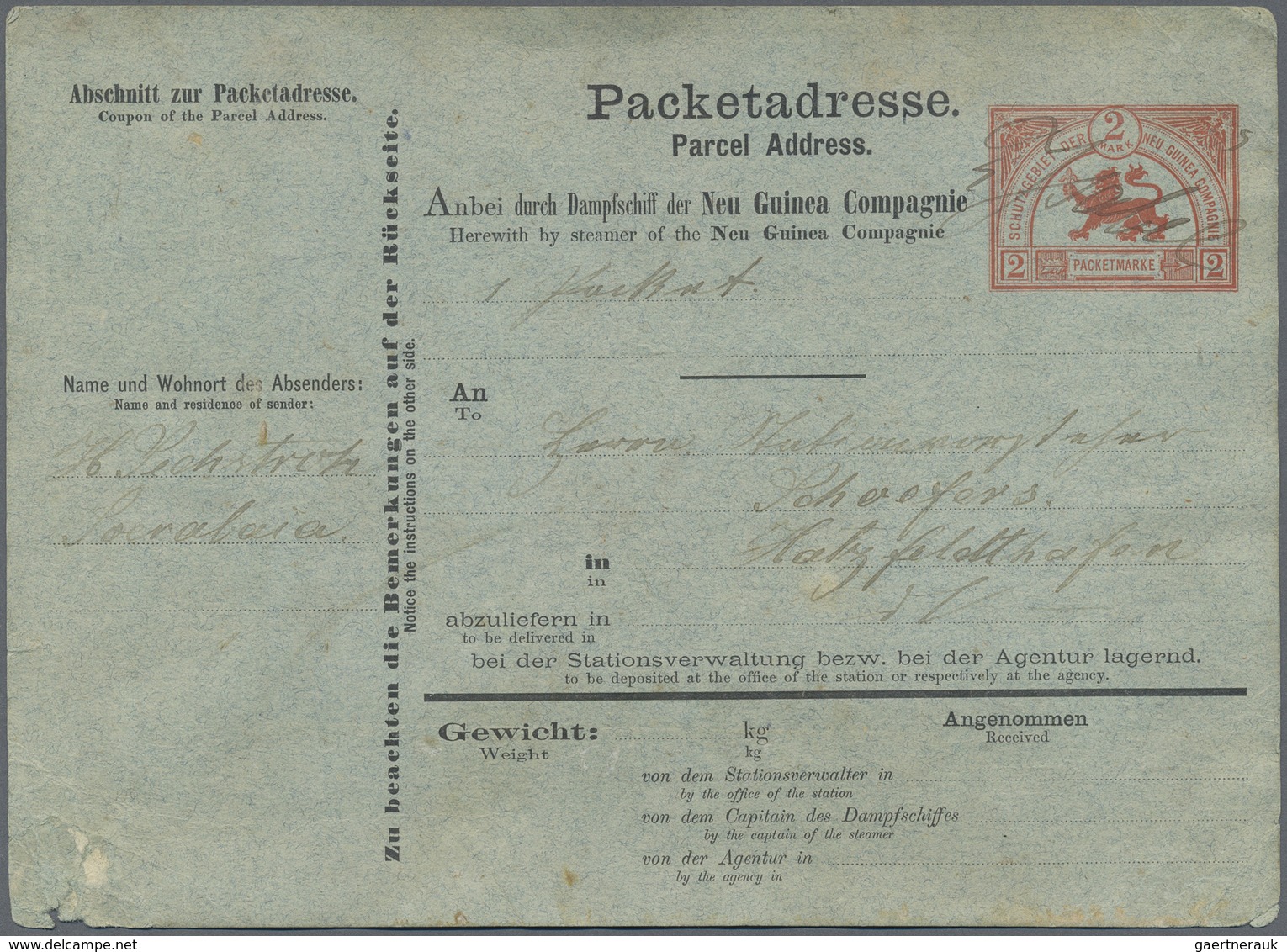 GA Deutsch-Neuguinea - Besonderheiten: 1889, 2 Mark "Paketadresse" Der Neu Guinea Compagnie (Beleg Mit - Deutsch-Neuguinea