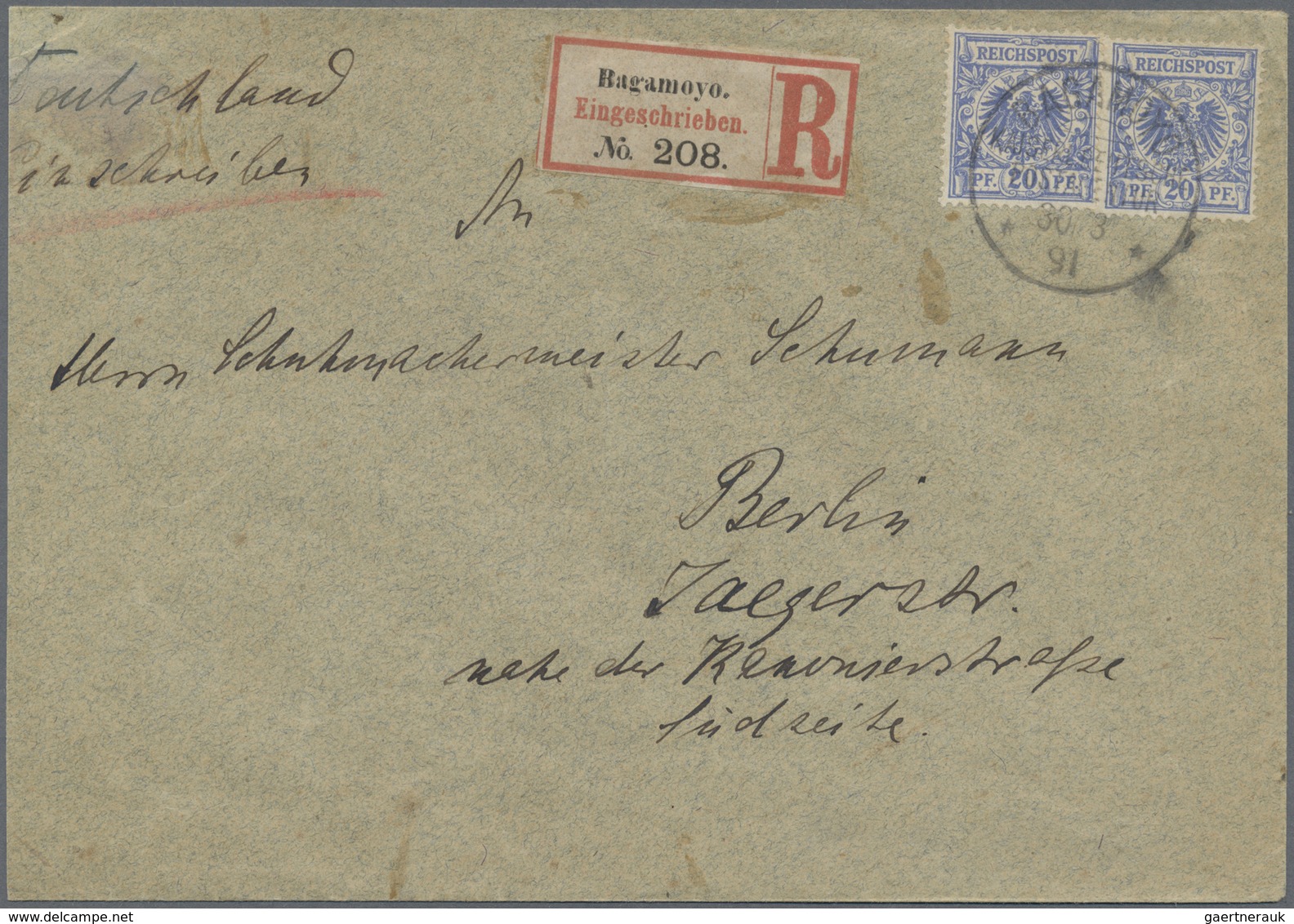 Br Deutsch-Ostafrika - Vorläufer: 1891 (30.3.),  Zwei Mal 20 Pfg. Krone/Adler Auf R-Brief (links Etwas - Deutsch-Ostafrika