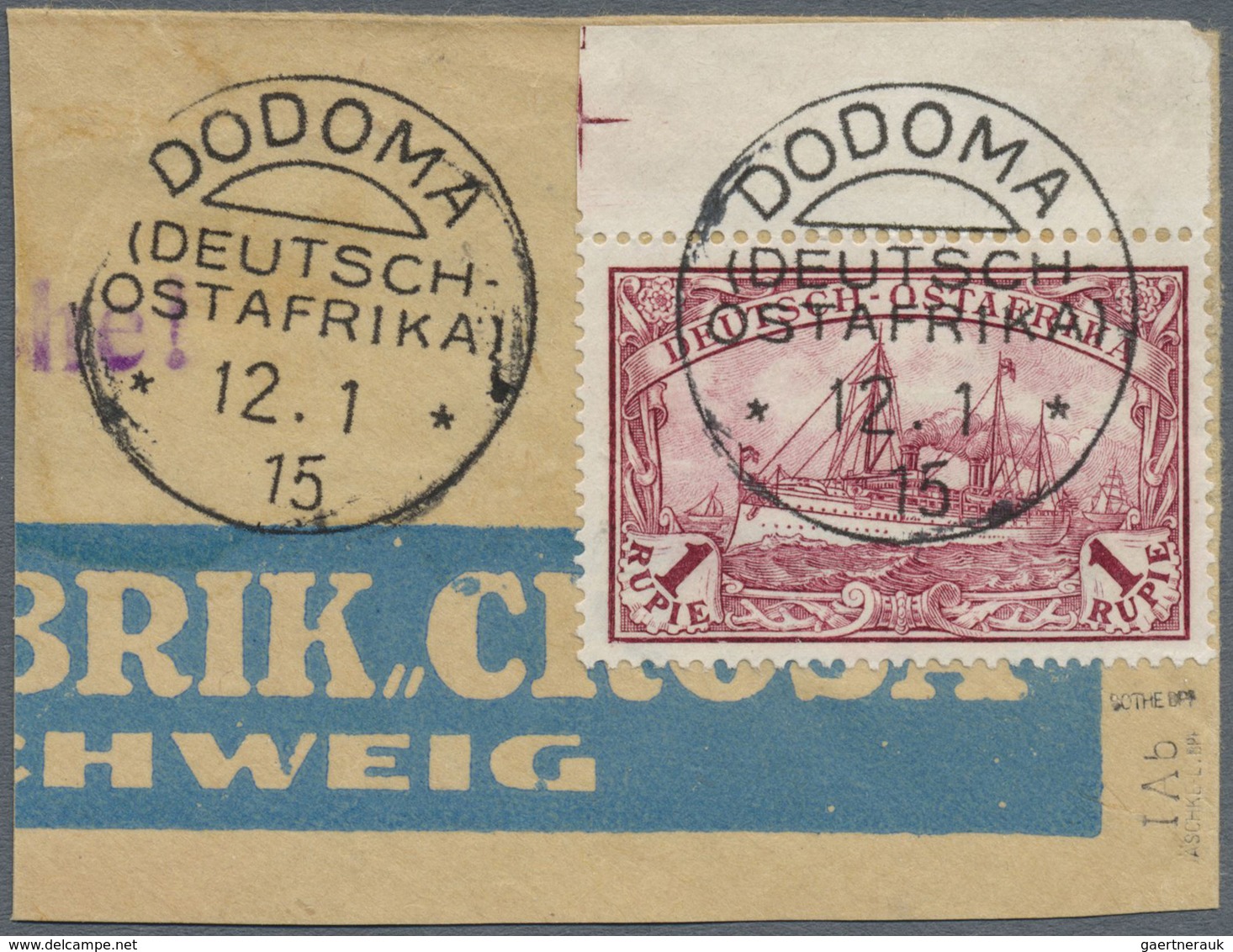 Brfst Deutsch-Ostafrika: 1905, 1 R. Kaiseryacht Dunkelrot, Friedensdruck Ohne Wasserzeichen, Oberrandstück - Deutsch-Ostafrika