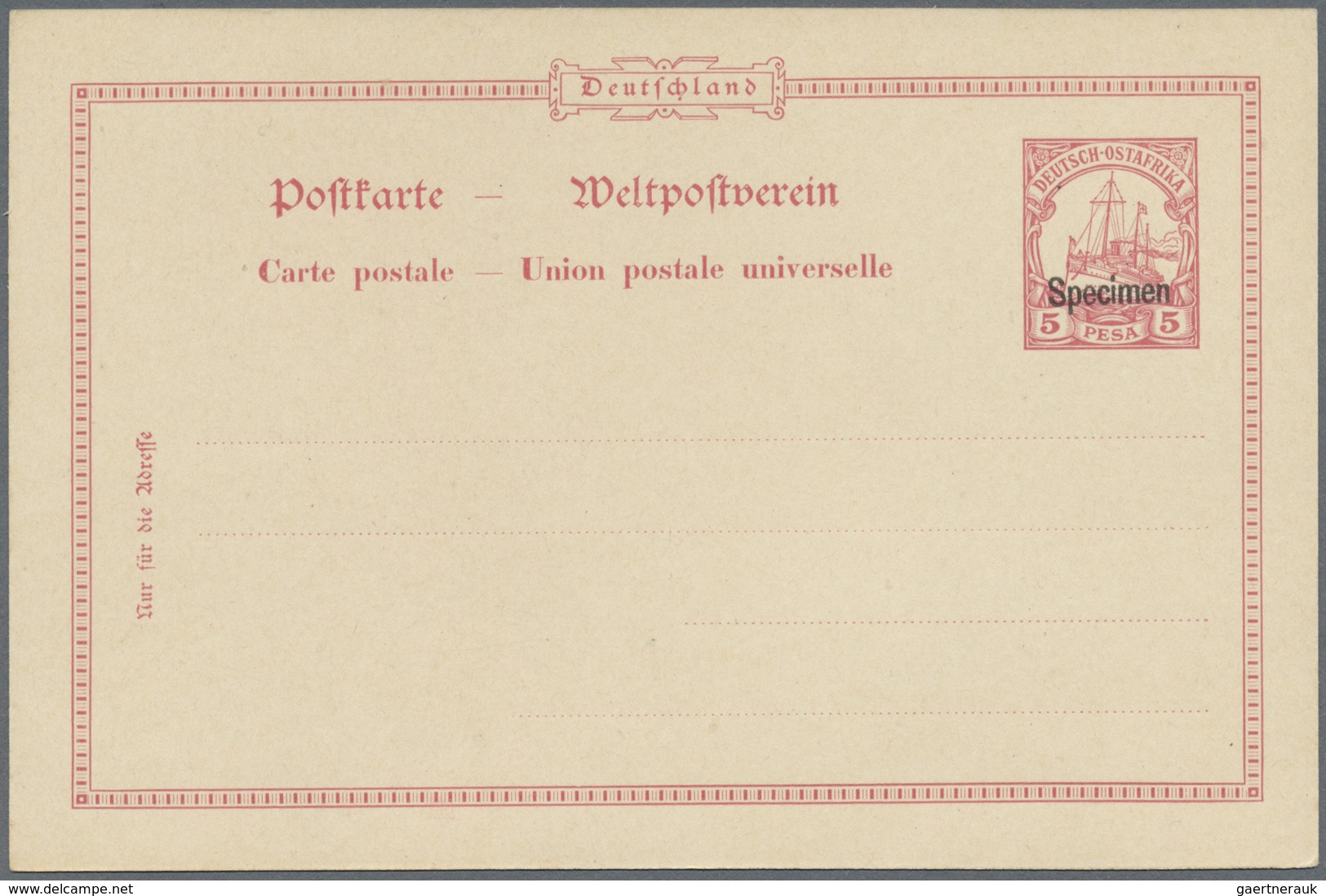 GA Deutsch-Ostafrika - Ganzsachen: 1900, 5 Pesa GSK Mit Schwarzem Aufdruck "Specimen" Ungebr. (Mi. 250, - Afrique Orientale