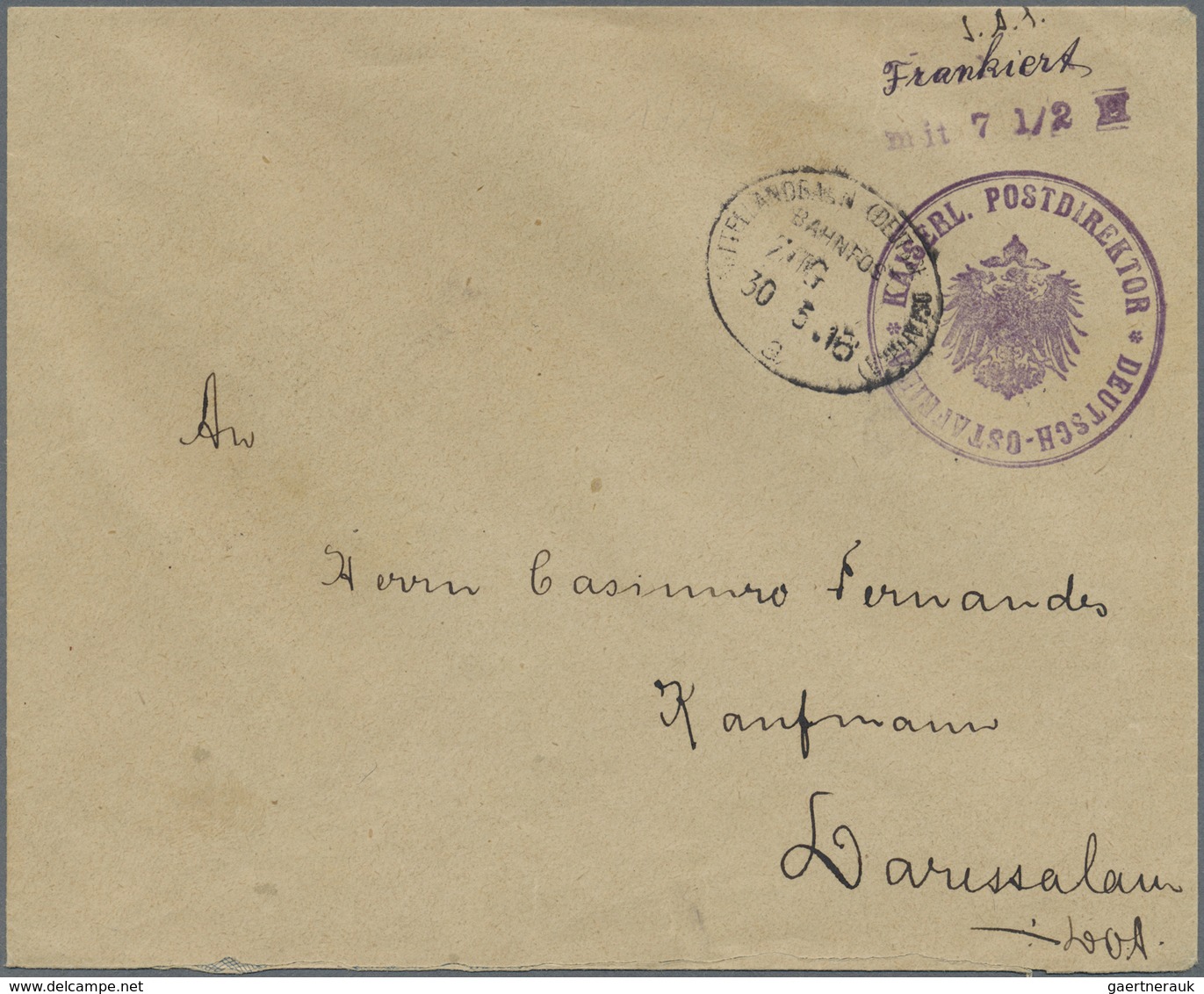 GA Deutsch-Ostafrika - Ganzsachen: 1915, Vorausfrankierter Umschlag 7½ H Mit Bahnpoststpl. Der Mittella - Deutsch-Ostafrika