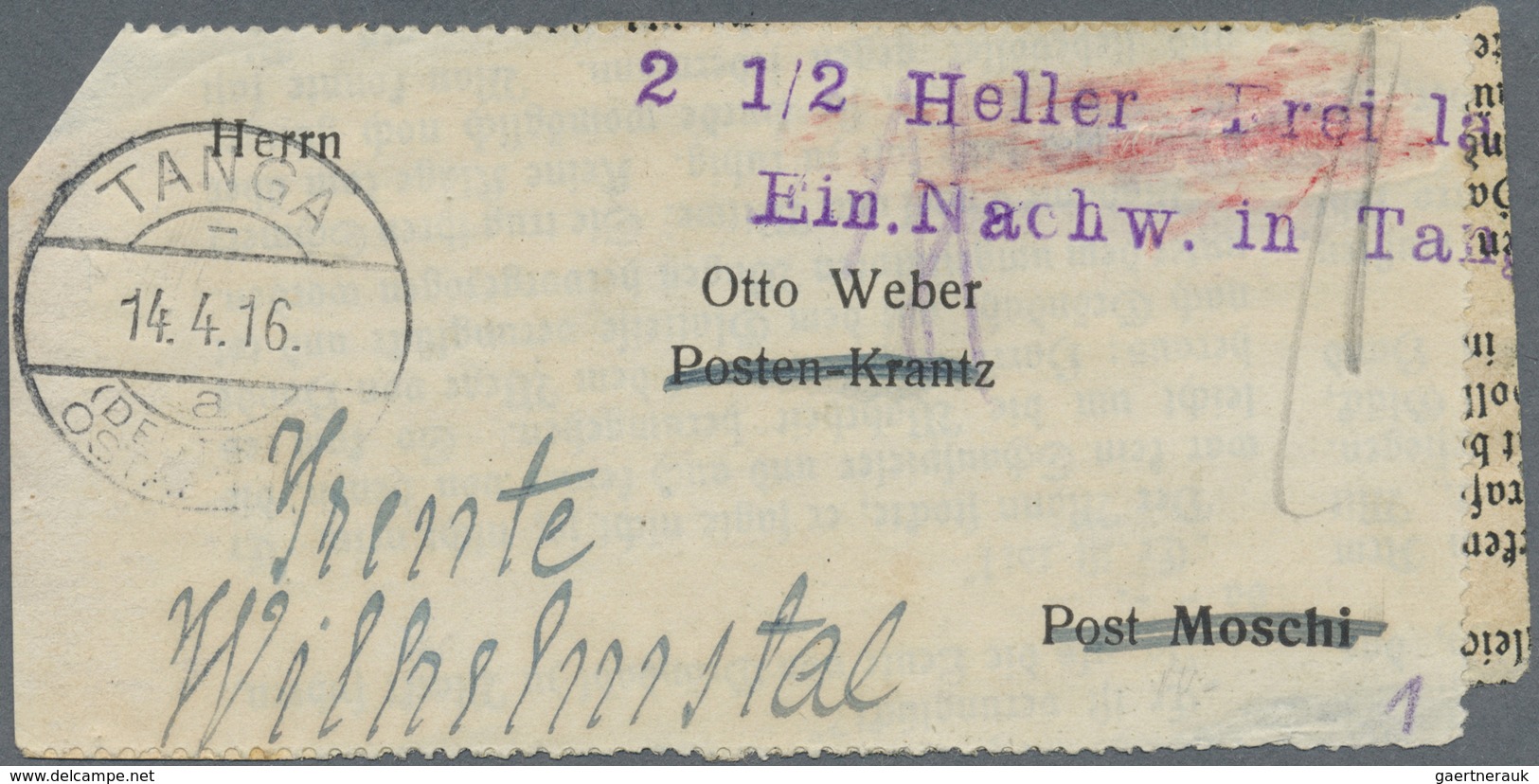 Br Deutsch-Ostafrika - Besonderheiten: 1916, "2 1/2 Heller Frei Laut Ein.Nachw. In Tanga" Violetter 2-Z - Afrique Orientale