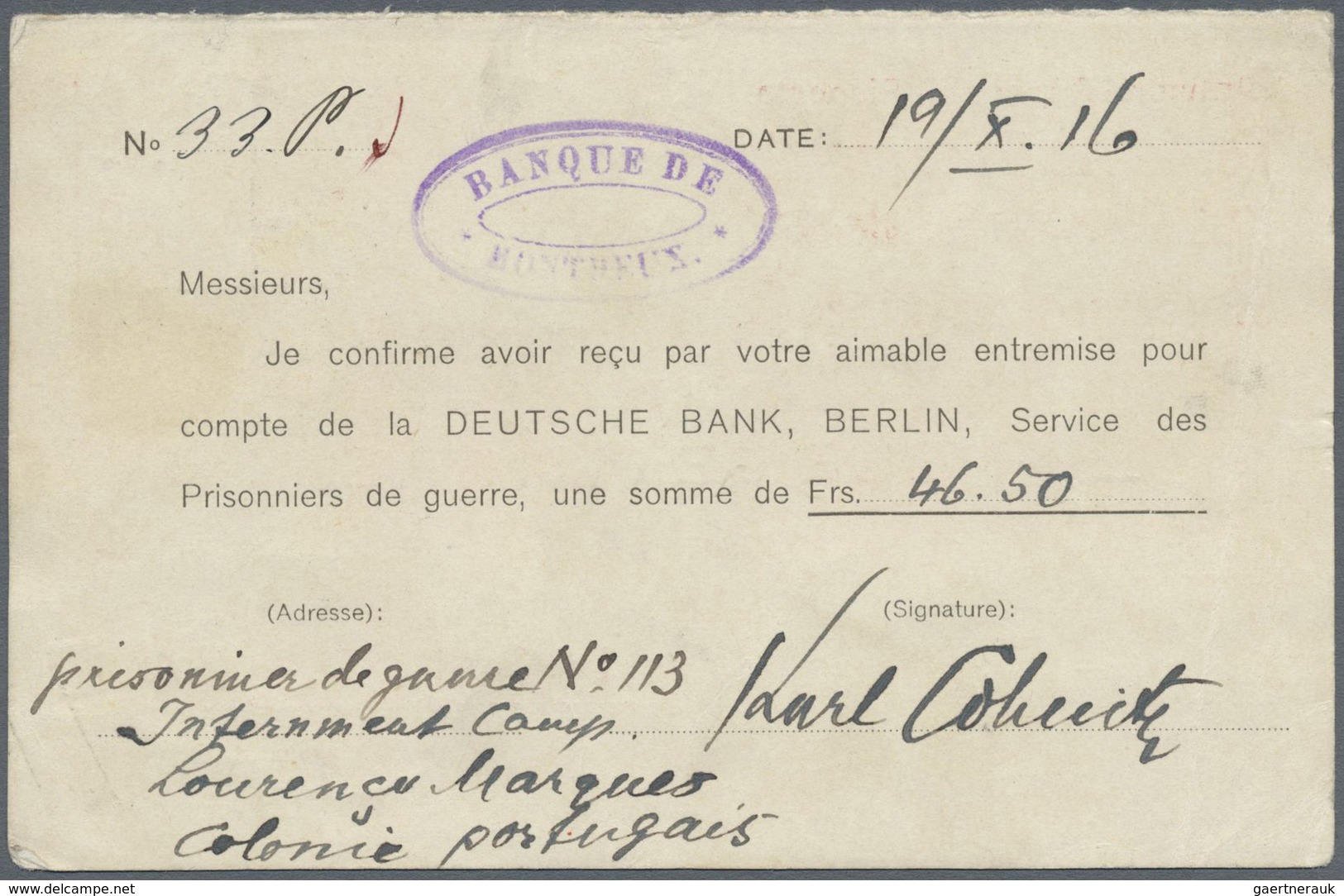 Br Deutsch-Ostafrika - Besonderheiten: 1916, KGF-Lager Lourenco Marques, Antwort-Karte Der Banque Of Mo - Deutsch-Ostafrika