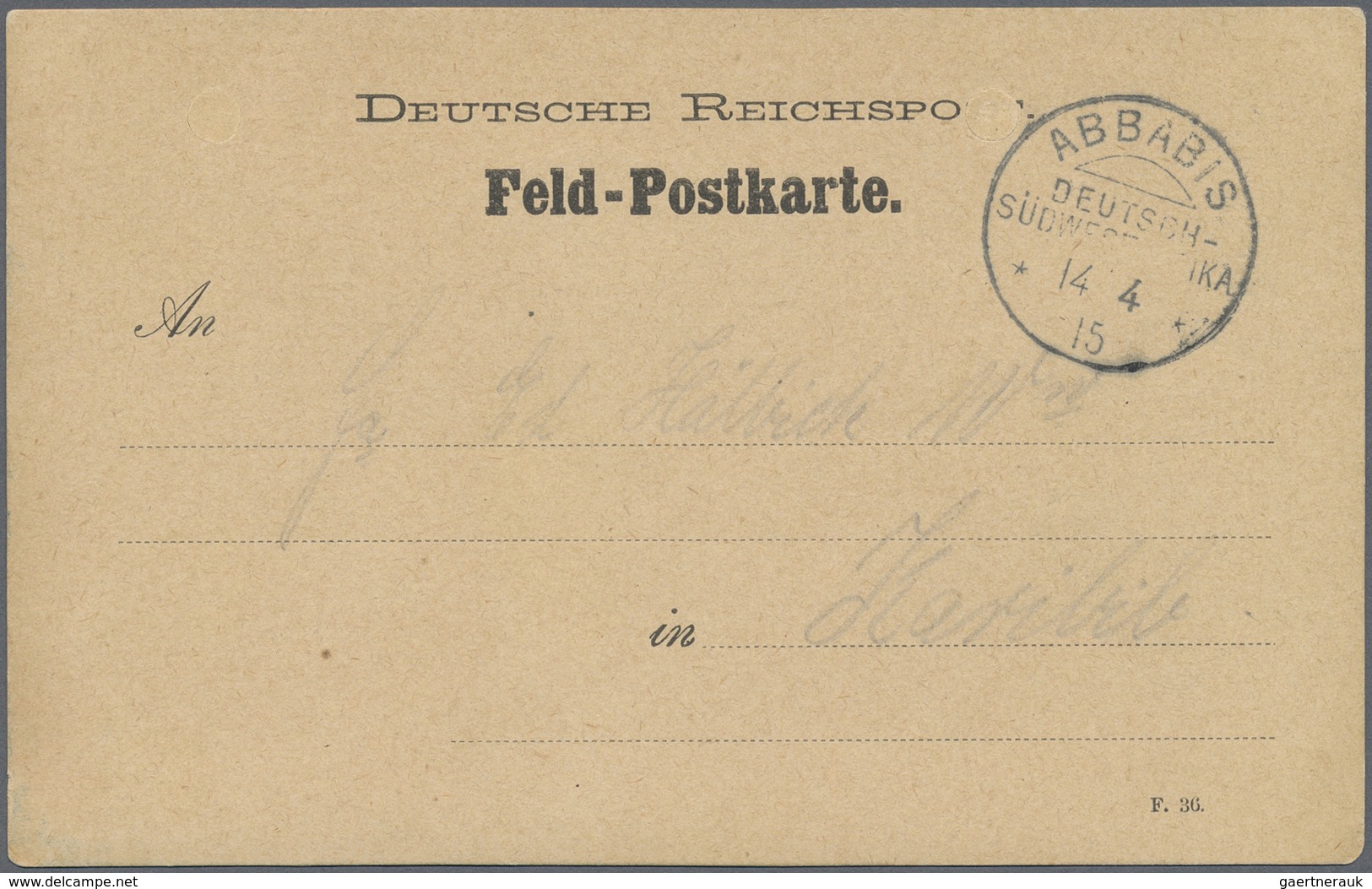 Br Deutsch-Südwestafrika - Stempel: 1915, Feld-Postkarte F. 36 Aus Kilometer 159 Vor Abbabis Von Einem - Africa Tedesca Del Sud-Ovest