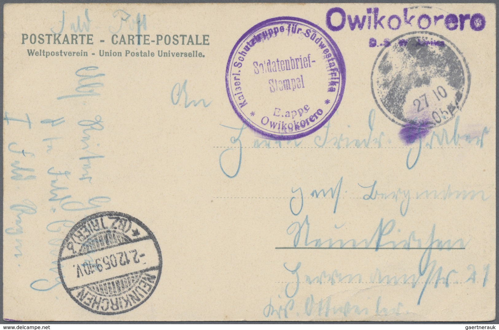 Deutsch-Südwestafrika - Stempel: 1905, Violetter Wanderstempel "Owikokorero" Klar Auf Feldpost-Ansic - Africa Tedesca Del Sud-Ovest