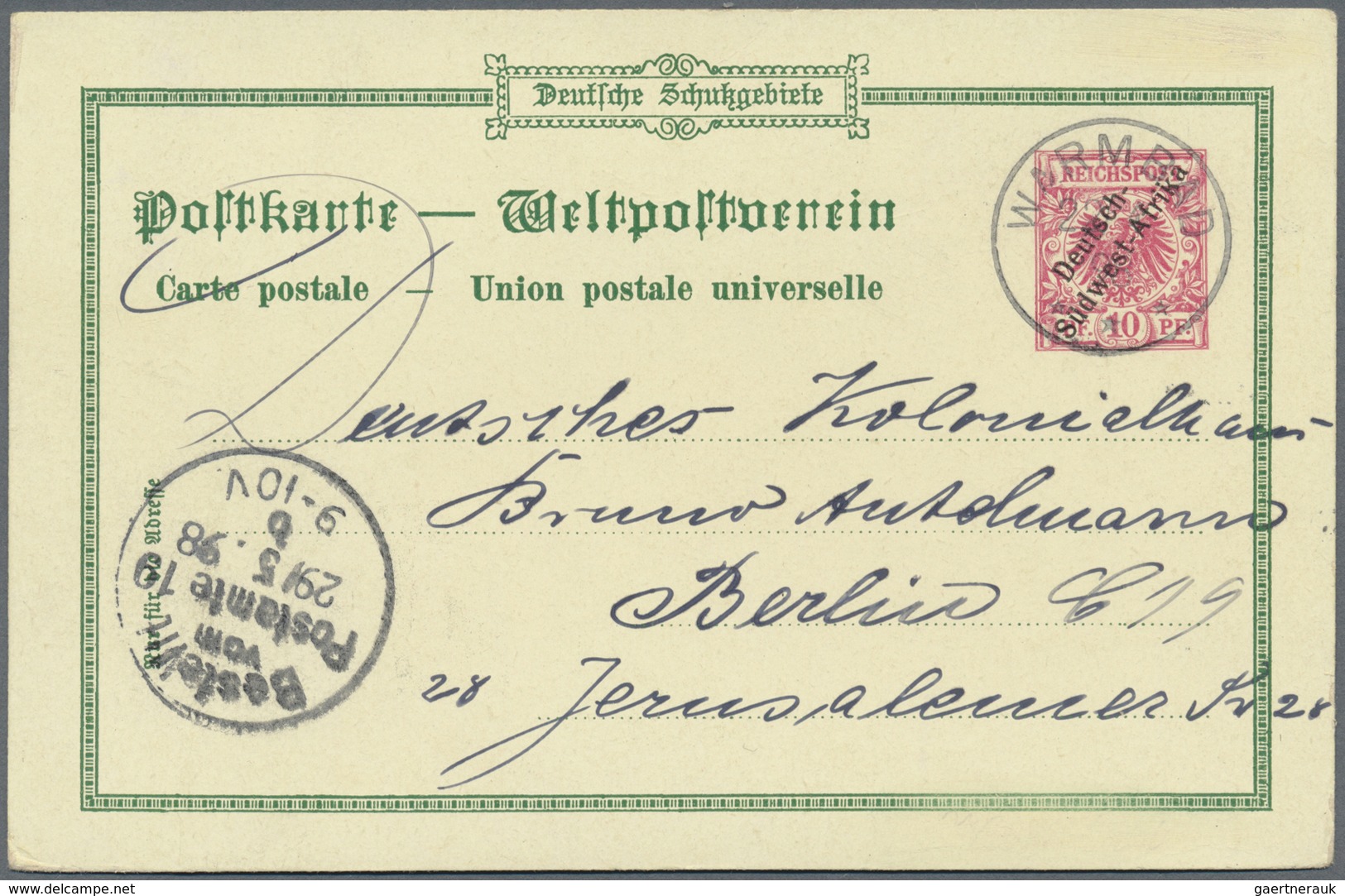 GA Deutsch-Südwestafrika - Ganzsachen: 1898/1899. Lot Von 3 Privat-Postkarten 10 Pf Krone/Adler "Deutsc - Africa Tedesca Del Sud-Ovest