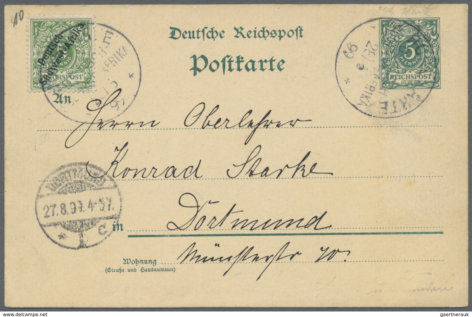 GA Deutsch-Südwestafrika - Ganzsachen: 1899, 5 Pf. Reichspost Mit Überdruck Als Zusatzfrankatur Auf 5 P - Sud-Ouest Africain Allemand