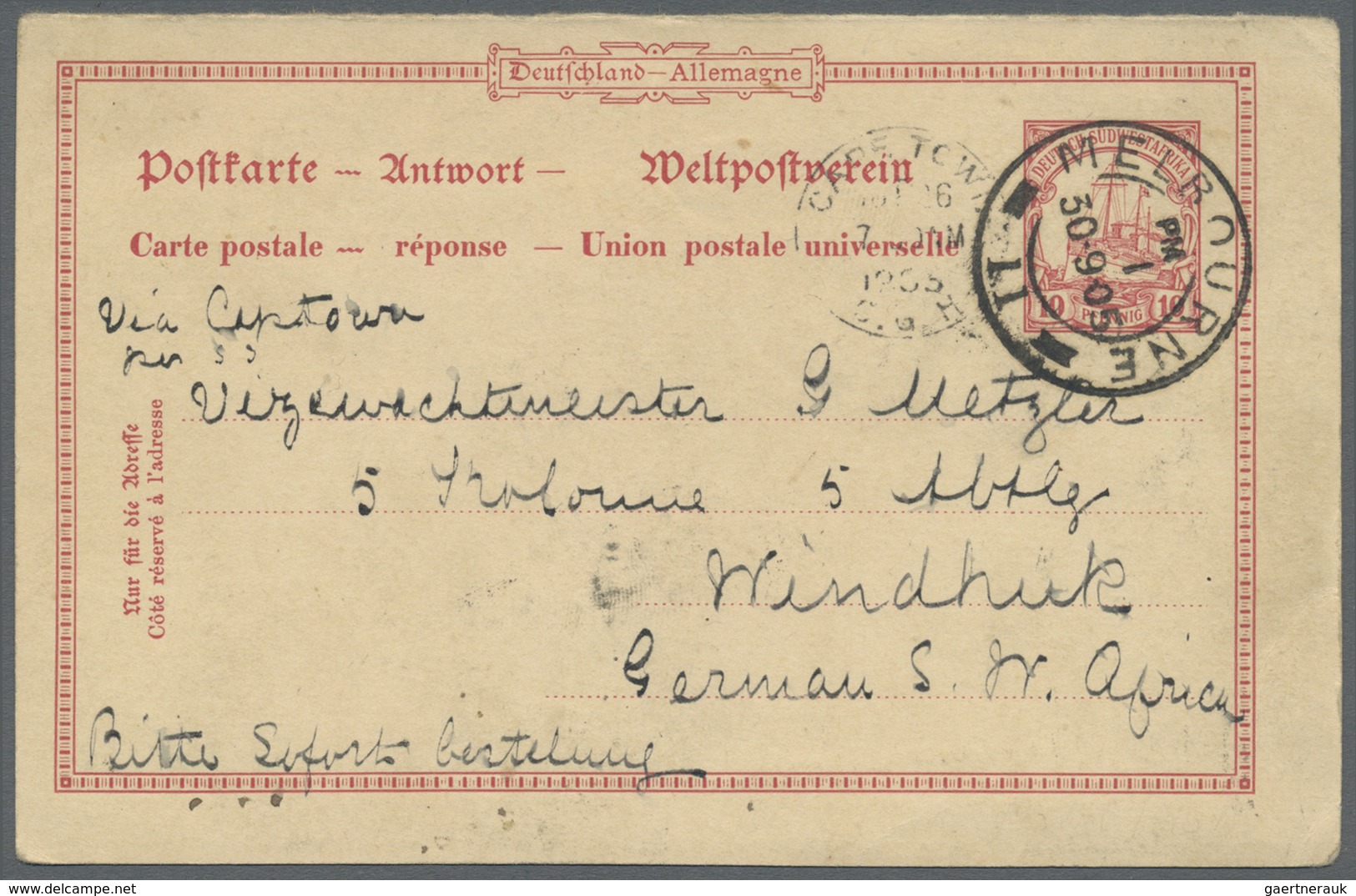 GA Deutsch-Südwestafrika - Ganzsachen: 1905 (30.9.),  10 Pfg. GA-Karte, Antwortteil Der Doppelkarte Mit - Sud-Ouest Africain Allemand