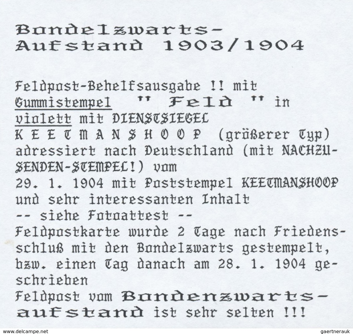 Br Deutsch-Südwestafrika - Besonderheiten: 1904 (29.1.), Provisorische FP-Karte (Vogenbeck PFPK Nr. 3 F - Africa Tedesca Del Sud-Ovest