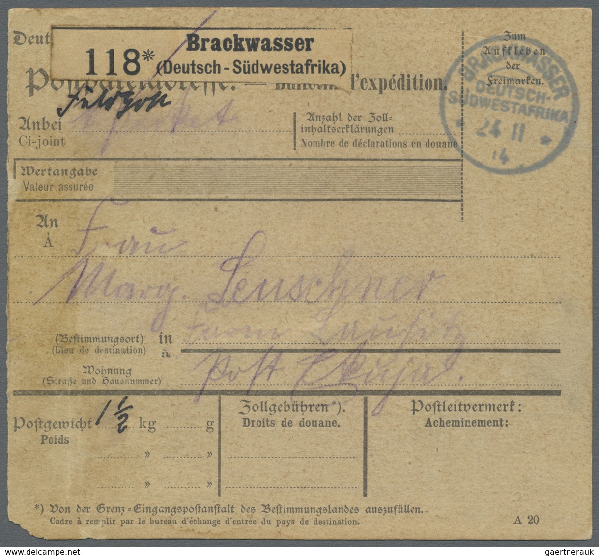 Br Deutsch-Südwestafrika - Besonderheiten: 1914, "BRACKWASSER DEUTSCH-SÜDWESTAFRIKA 24.11.14" Paketkart - Africa Tedesca Del Sud-Ovest