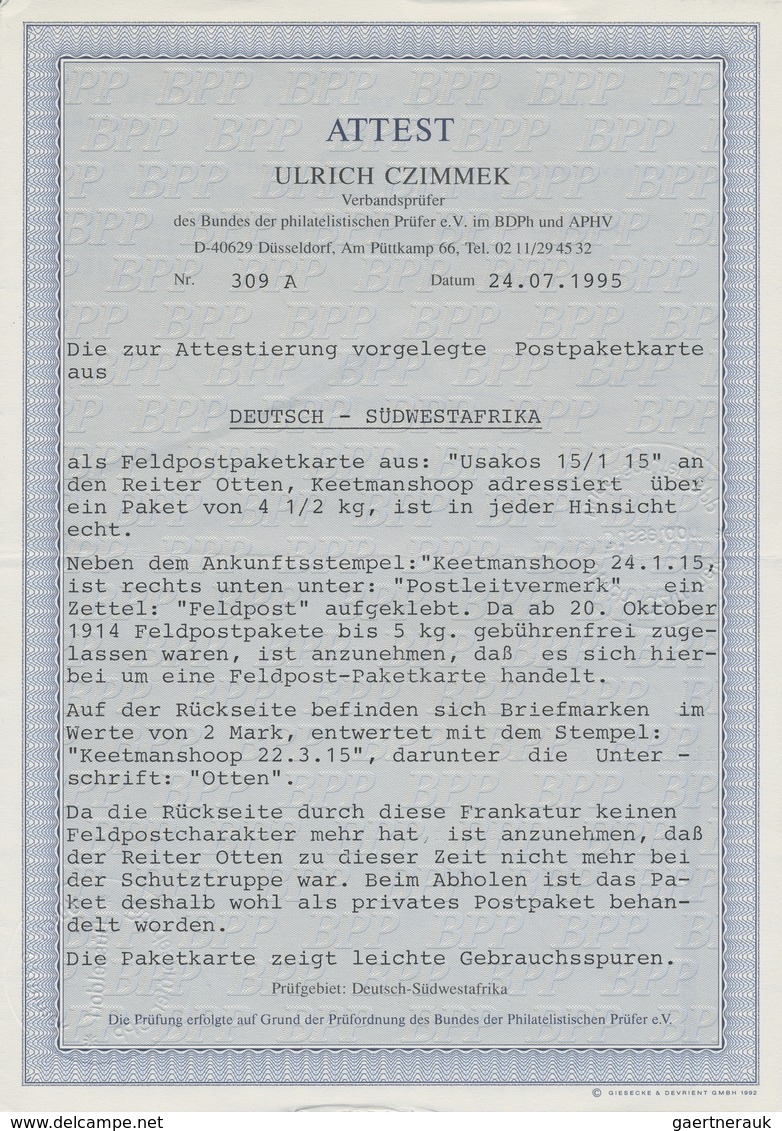 Br Deutsch-Südwestafrika - Besonderheiten: 1915, Feldpaketkarte Aus "USAKOS 15.1.15" An Den Reiter Otte - Africa Tedesca Del Sud-Ovest