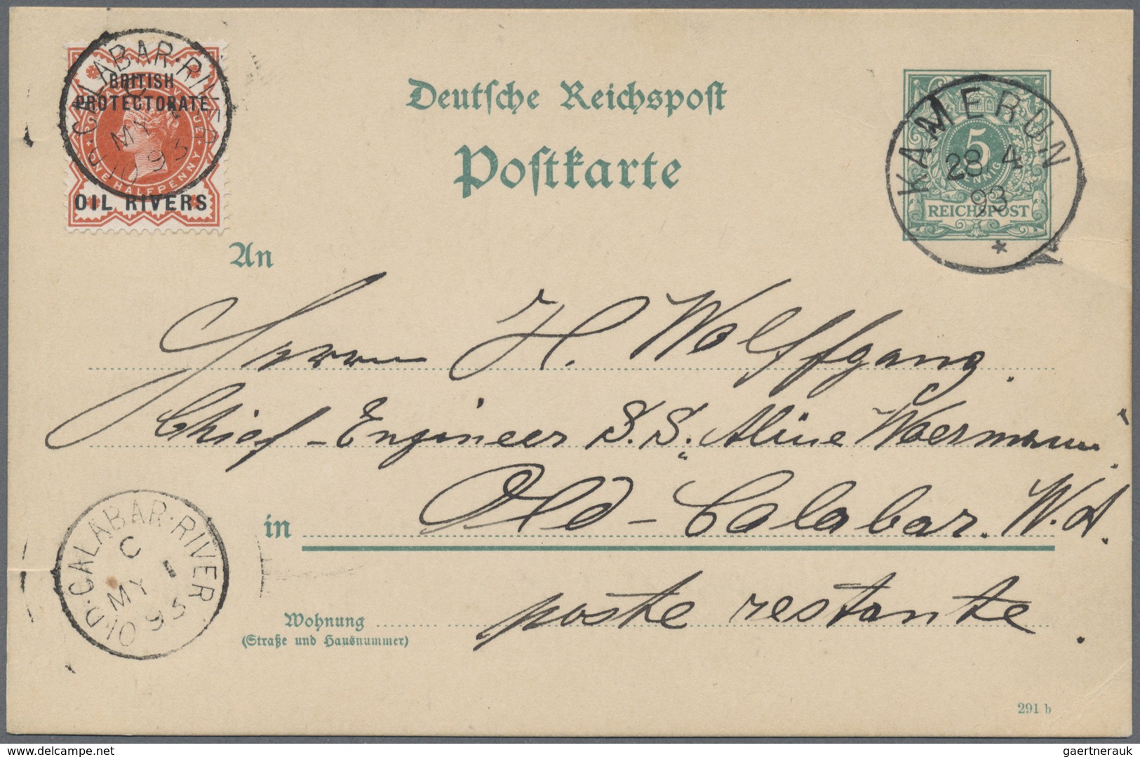 GA Deutsche Kolonien - Kamerun-Vorläufer: 1893, GA-Karte 5 Pf. Krone/Adler Mit K1 "KAMERUN 28 4 93" Adr - Kamerun