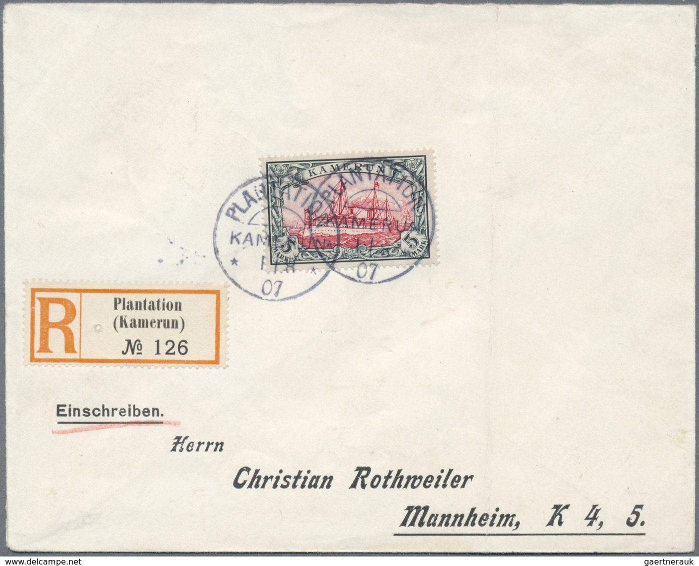 Br Deutsche Kolonien - Kamerun: 1907, 5 M. Kaiseryacht Ohne Wz., Als EF Auf R-Brief Mit Stempel "PLANTA - Camerun