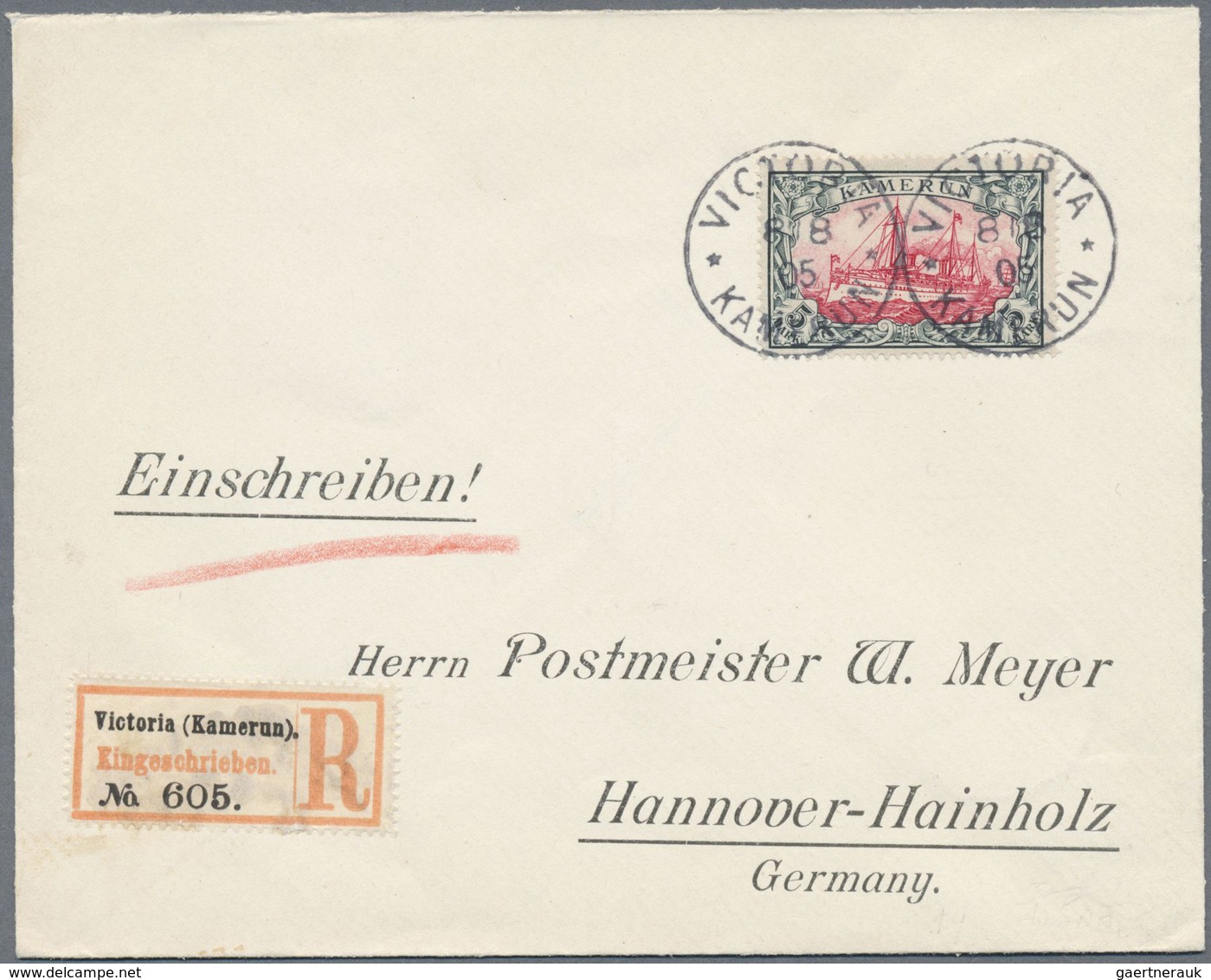 Br Deutsche Kolonien - Kamerun: 1905, 5 M. Kaiseryacht Auf Außergewöhnlich Schönem Luxus-R-Brief Mit Gl - Camerun