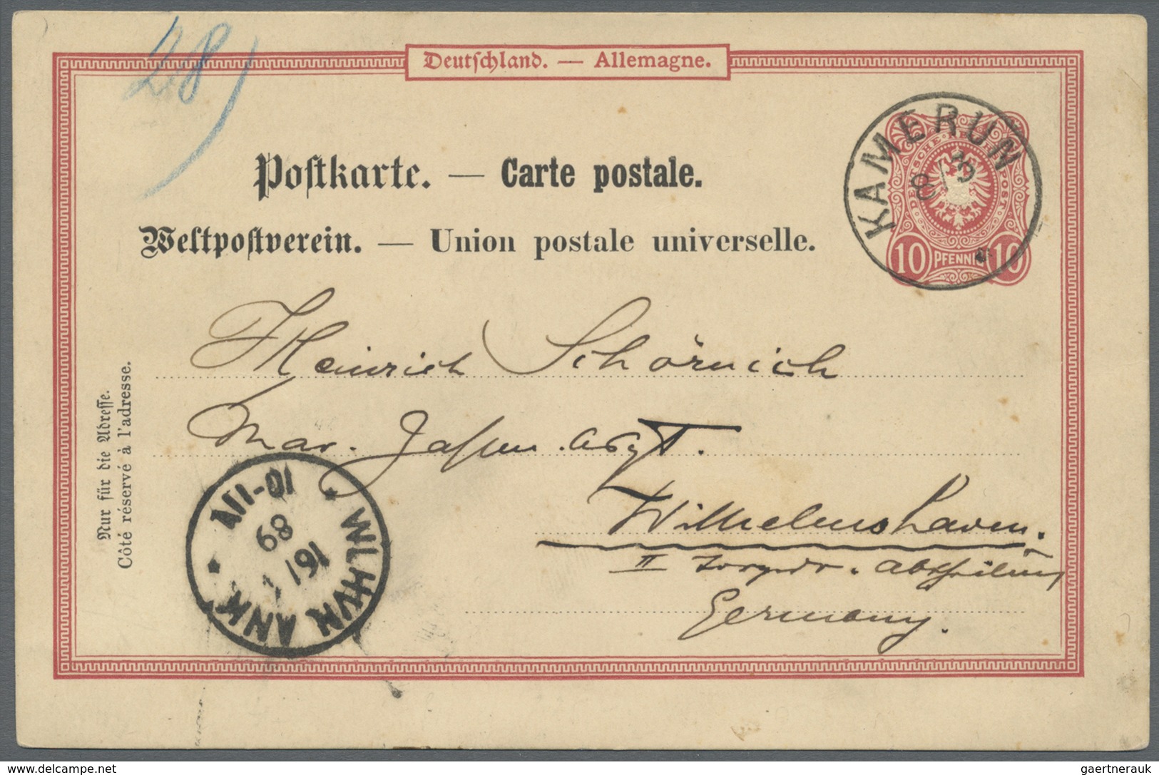 GA Deutsche Kolonien - Kamerun - Ganzsachen: 1889 (8.3.), Stempel "KAMERUN"  (ohne Jahreszahl '89') Kla - Kamerun