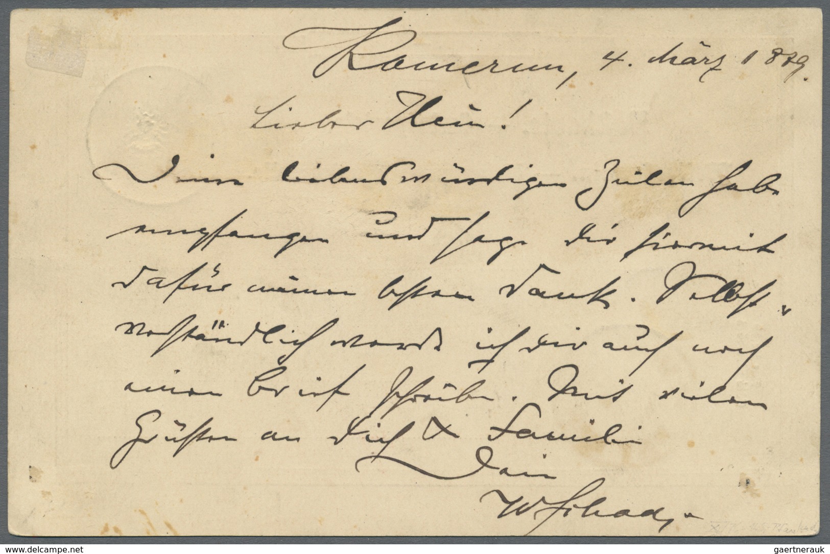 GA Deutsche Kolonien - Kamerun - Ganzsachen: 1889 (8.3.), Stempel "KAMERUN"  (ohne Jahreszahl '89') Kla - Kamerun