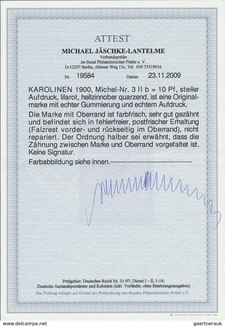 ** Deutsche Kolonien - Karolinen: 1900, 10 Pfg. Steiler Aufdruck Lilarot (hellzinober Quarzend), Farbfr - Carolines