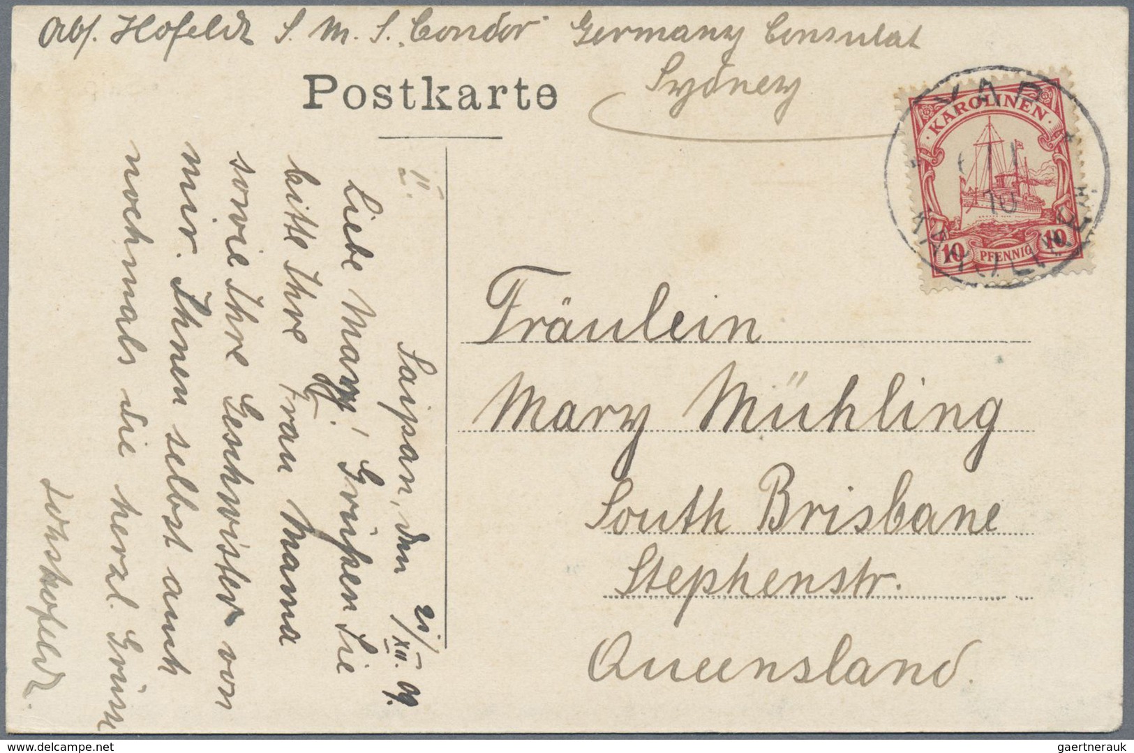 Br Deutsche Kolonien - Karolinen: 1910, 10 Pfg. Auf AK Saipan" (Eingeborenen-Motiv) Eines Besatzungsmit - Karolinen