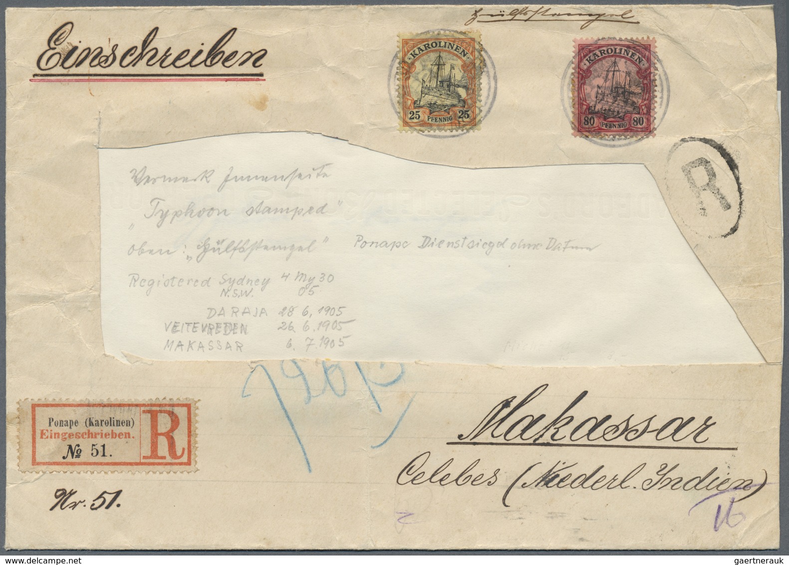 Br Deutsche Kolonien - Karolinen: 1905, R-Brief Mit 25 Pfg., 80 Pfg. Und Siegel-Stempel "PONAPE" Nach N - Karolinen