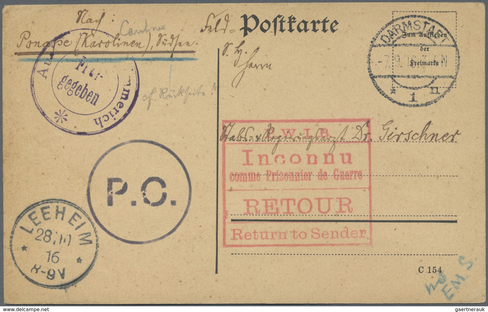 Br Deutsche Kolonien - Karolinen - Besonderheiten: 1916 (7.9.), Gebührenfreie FP-Karte (sog. "Herrmann- - Isole Caroline