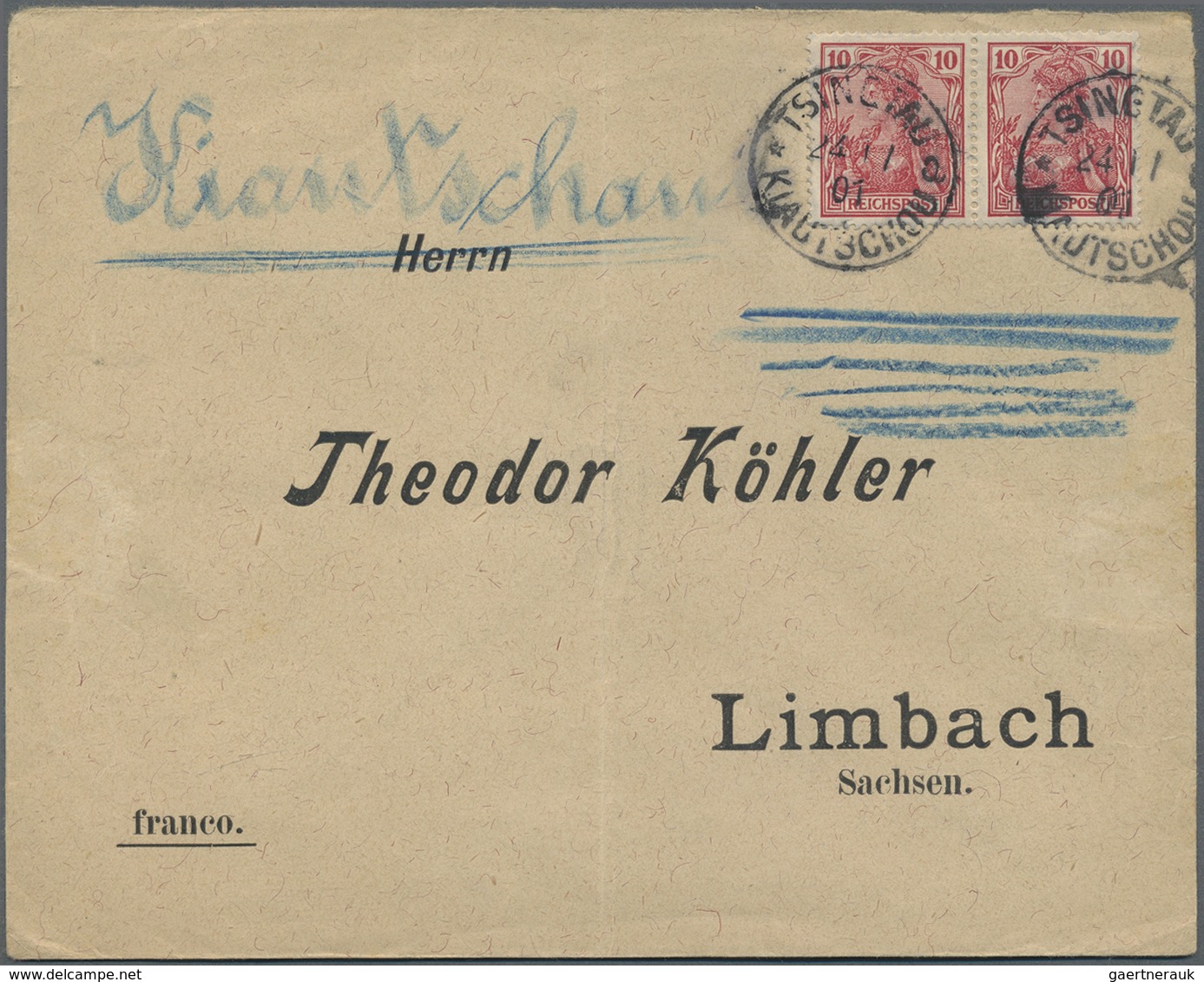 Br/ Deutsche Kolonien - Kiautschou - Mitläufer: 1901-1906, Brief Mit Paar 10 Pf Germania Reichspost Von - Kiautschou
