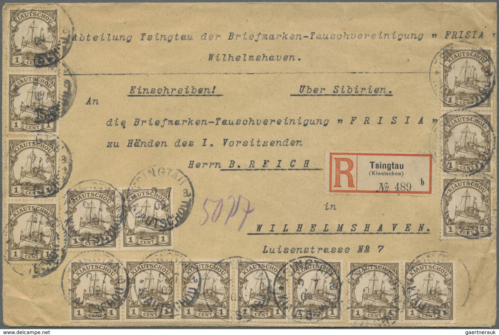 Br Deutsche Kolonien - Kiautschou: 1900. R-Brief Aus "Tsingtau 9.7.09" Mit Massenfrankatur 20 X 1c Schi - Kiautchou