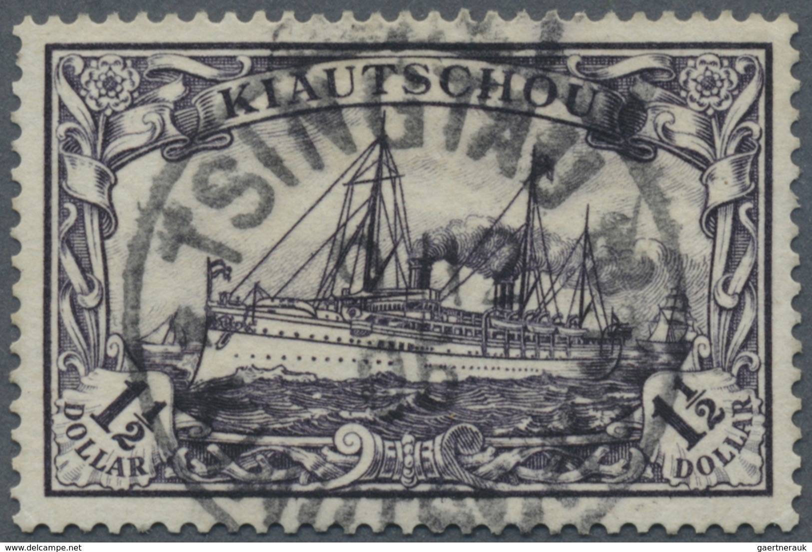 O Deutsche Kolonien - Kiautschou: 1905. 1½ $ Schiffstype, 26:17 Zähnungslöcher, Gestempelt "Tsingtau 9 - Kiaochow