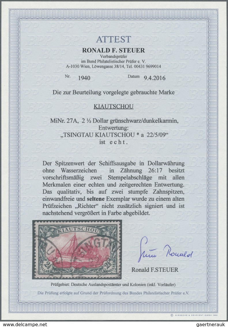 O Deutsche Kolonien - Kiautschou: 1905, 2 1/2 $ Grünschwarz/dkl'karmin Gez. 26:17 Sauber Entwertet Mit - Kiautschou