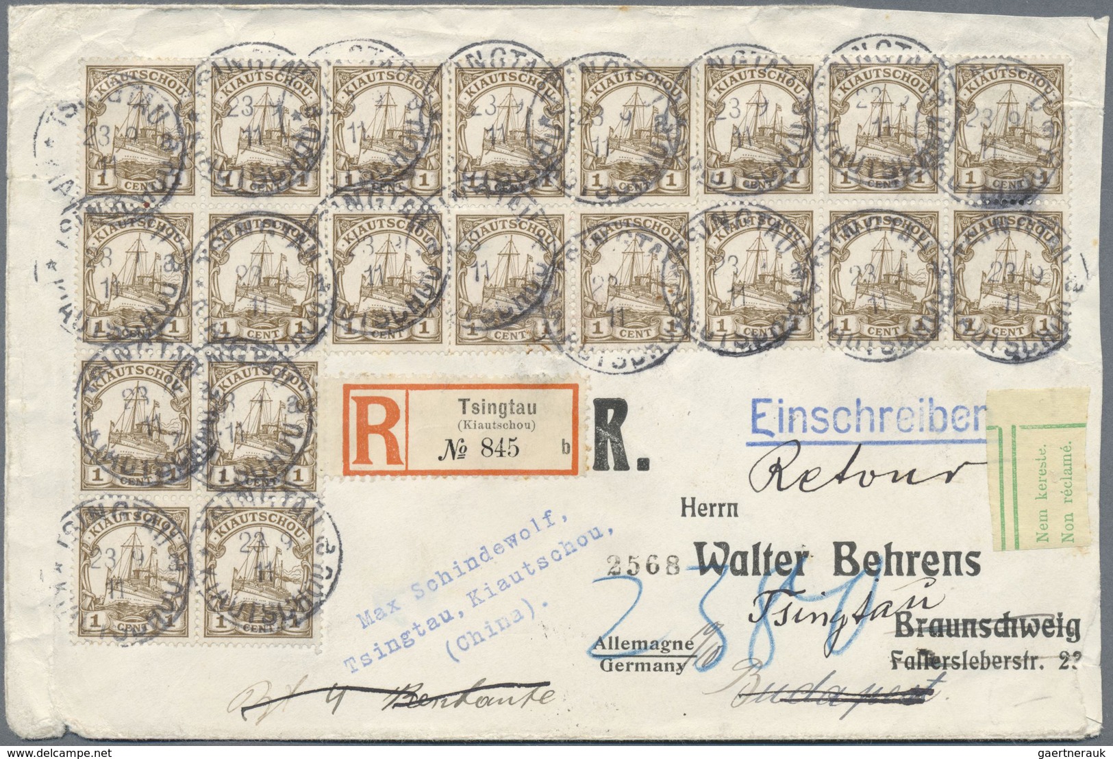 Br Deutsche Kolonien - Kiautschou: 1906: 1 C Braun, 20x Als Dekorative Massenfrankatur Auf Leicht überf - Kiautchou