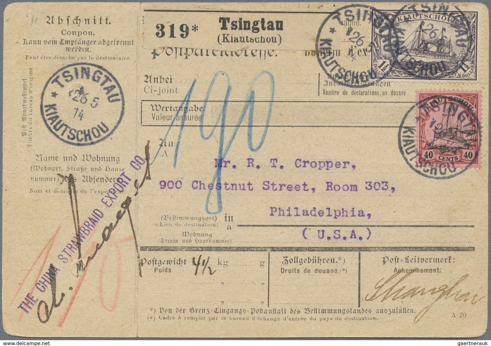 Br Deutsche Kolonien - Kiautschou: 1914, (26.5.) 1 1/2 Dollar Mit 40 Cents Auf Paketkarte Der Firma"THE - Kiautschou