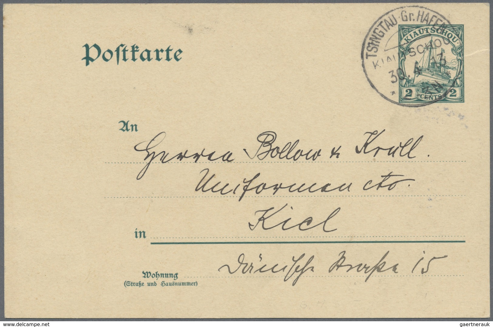 GA Deutsche Kolonien - Kiautschou - Ganzsachen: 1913, GA-Karte 2 Cents Gest. "TSINGTAU Gr. HAFEN 30.4.1 - Kiautschou
