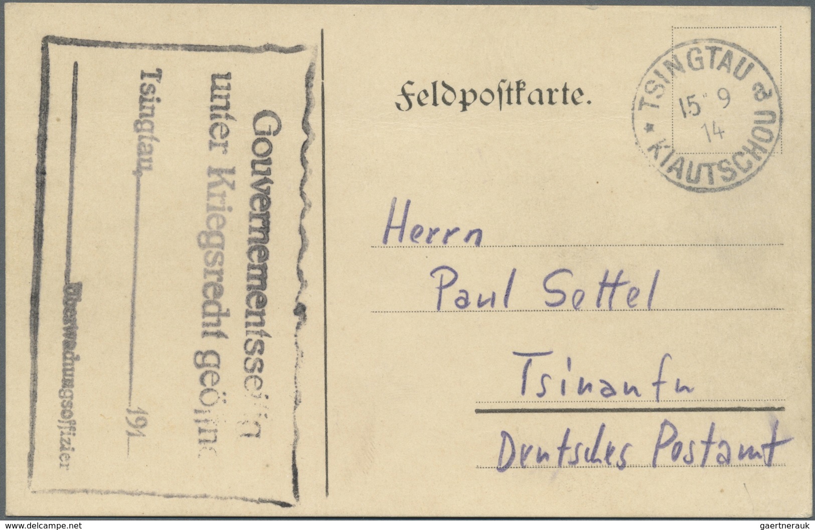 Deutsche Kolonien - Kiautschou - Besonderheiten: Kriegspost, 1914: "Feldpostkarte" Ab "TSINGTAU 15 9 - Kiautchou