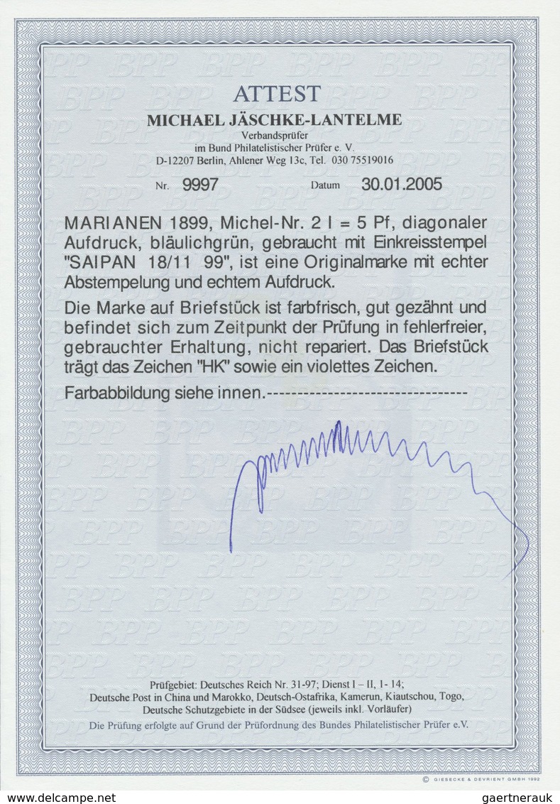 Brfst Deutsche Kolonien - Marianen: 1899, 5 Pfg. Bläulichgrün, Diagonaler Aufdruck, Farbfrisch Auf Briefst - Mariannes