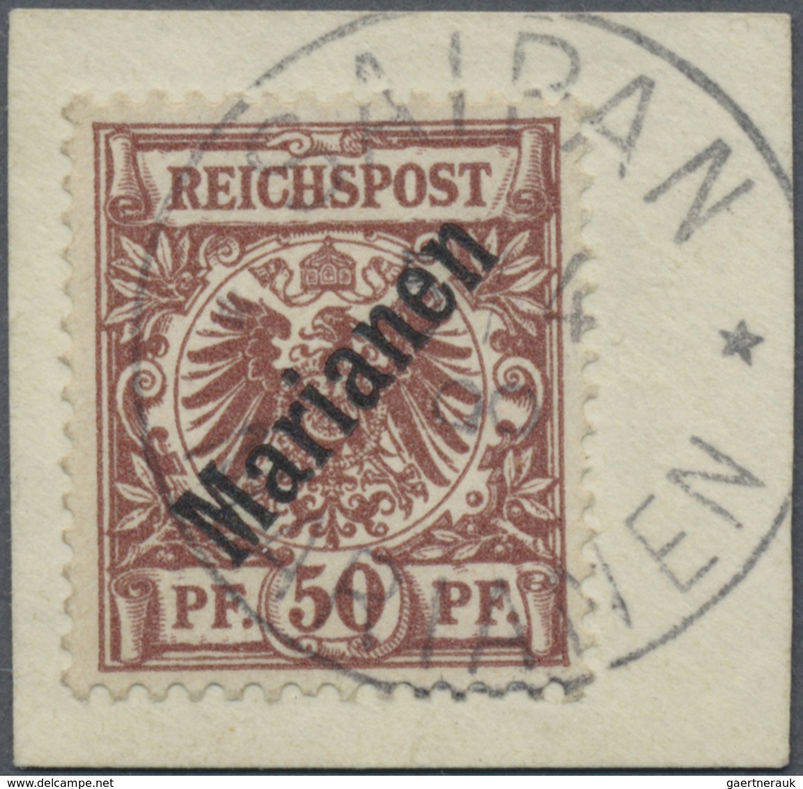 Brfst Deutsche Kolonien - Marianen: 1900. 50 Pf Krone/Adler Aufdruck "Marianen", Gestempelt "SAIPAN 5/4 °° - Isole Marianne