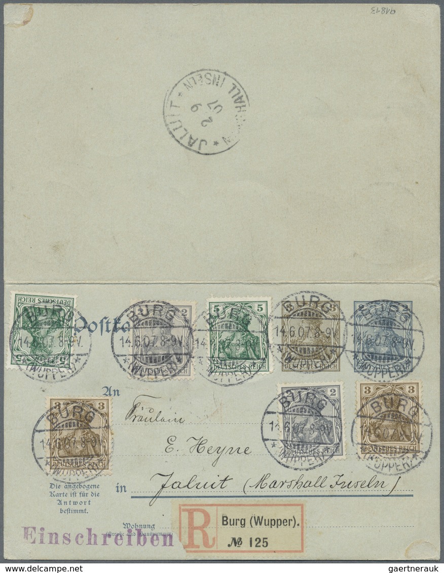 GA Deutsche Kolonien - Marshall-Inseln - Mitläufer: 1908, Antwortpostkarte 2+3 Pfg. Germania Von JALUIT - Isole Marshall