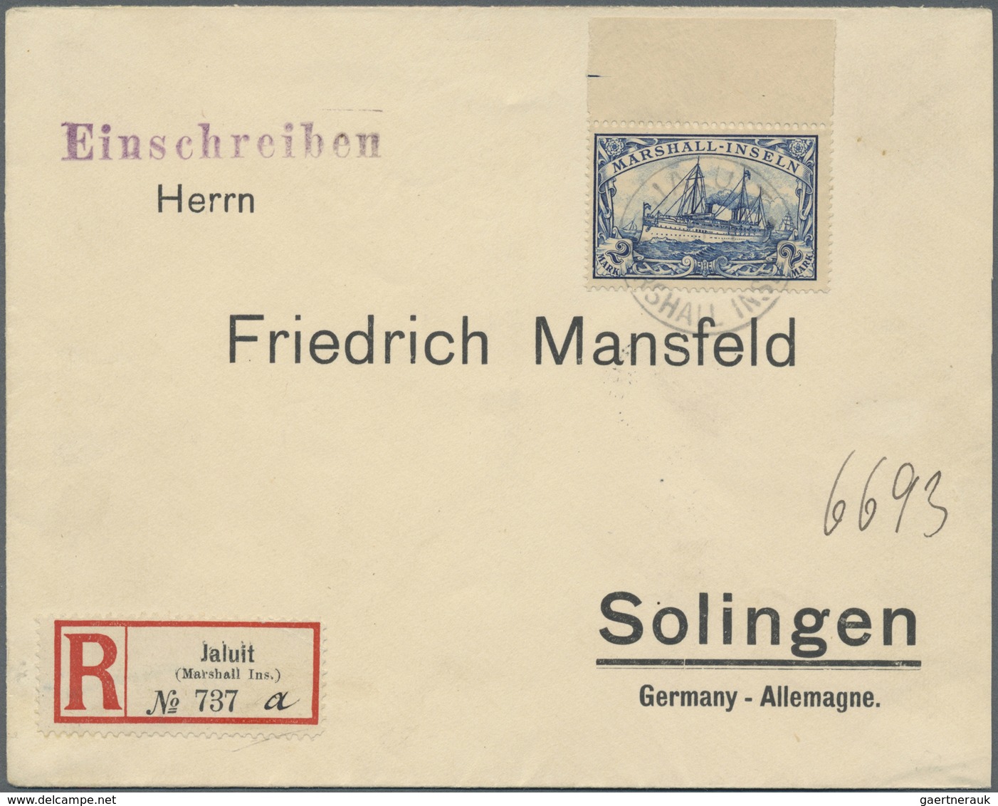 Br Deutsche Kolonien - Marshall-Inseln: 1907, Einschreibebrief Mit 2 Mark 'Kaiseryacht' Und Oberem 'Lux - Marshall