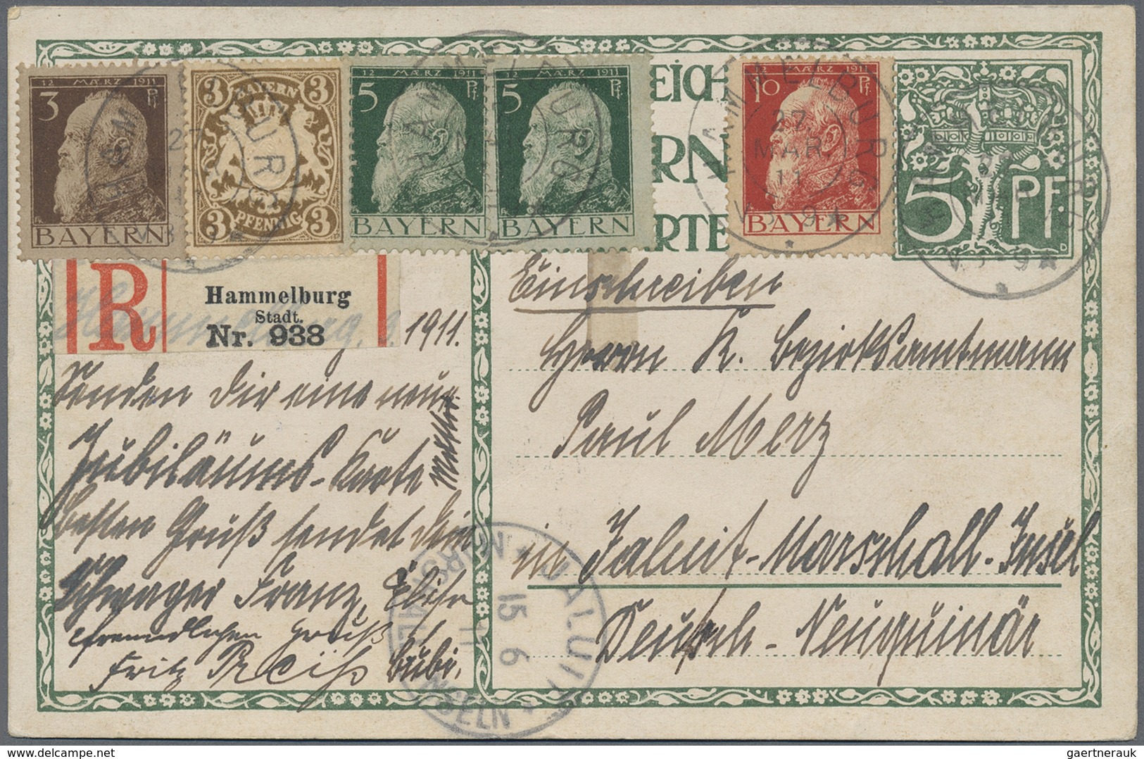 GA Deutsche Kolonien - Marshall-Inseln - Besonderheiten: 1911 (27.3.), 5 Pfg. Privat-GA-Karte (90. Gebu - Marshall