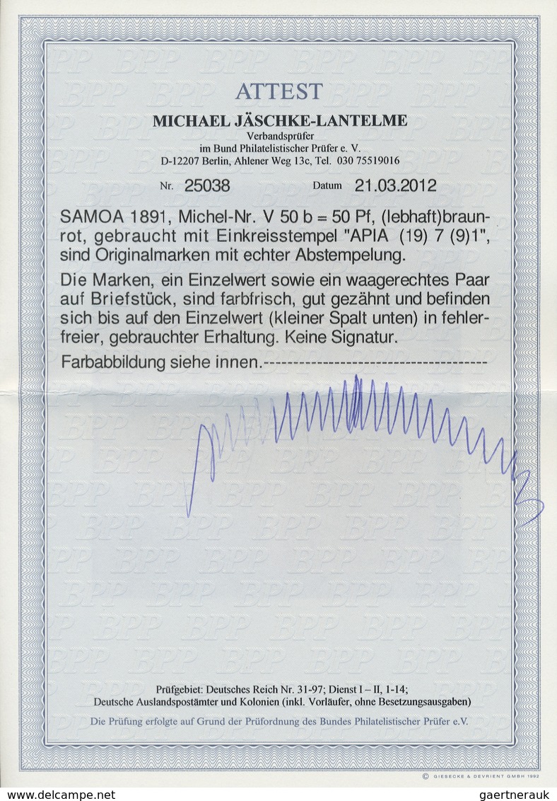 Brfst Deutsche Kolonien - Samoa - Vorläufer: 1891, 50 Pfg. Krone/Adler Braunrot, Einzelwert (kleiner Spalt - Samoa