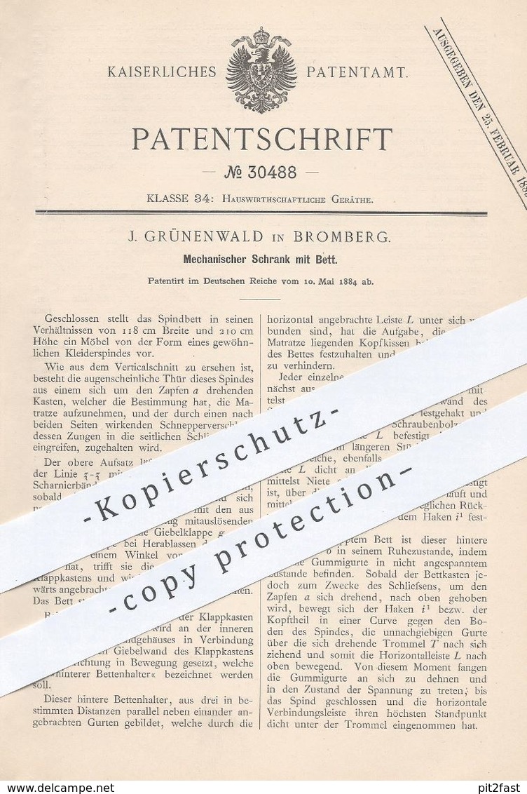 Original Patent - J. Grünenwald , Bromberg , 1884 , Mechan. Schrank Mit Bett | Schränke , Betten , Möbel , Möbelbauer - Historische Dokumente